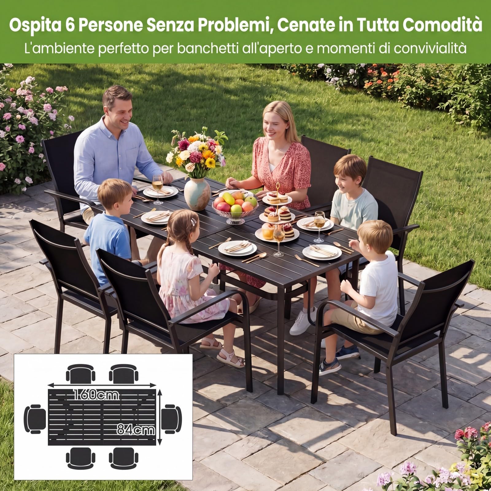 COSTWAY Tavolo da Giardino a 6 Posti in Metallo, con Foro di Ombrellone | Tavolo Pranzo Esterno Rettangolare per Balcone Terrazzo Campeggio, Portata 150 kg, 160 x 84 x 73 cm