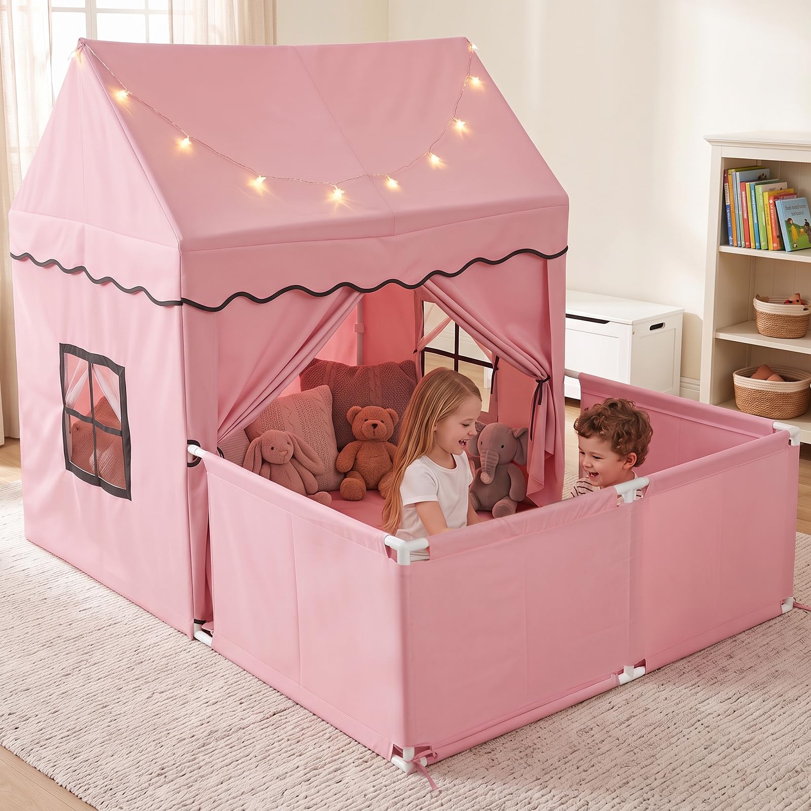 COSTWAY Kids Play Tent with Playpen, Star Lights, Cushion Mat (Pink)