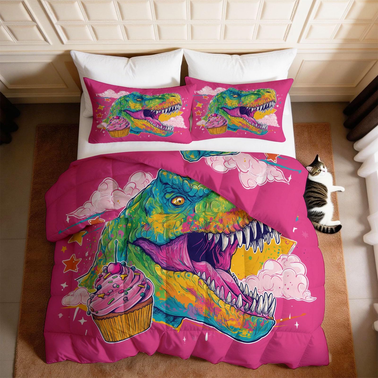 Kołdra Super King 7,5 Tog, dwustronny nadruk, kreskówkowy dinozaur T Rex, graffiti, dla dorosłych, oddychająca, miękka, całoroczna, hipoalergiczna, można prać w pralce, fioletowa, 260 x 220 cm