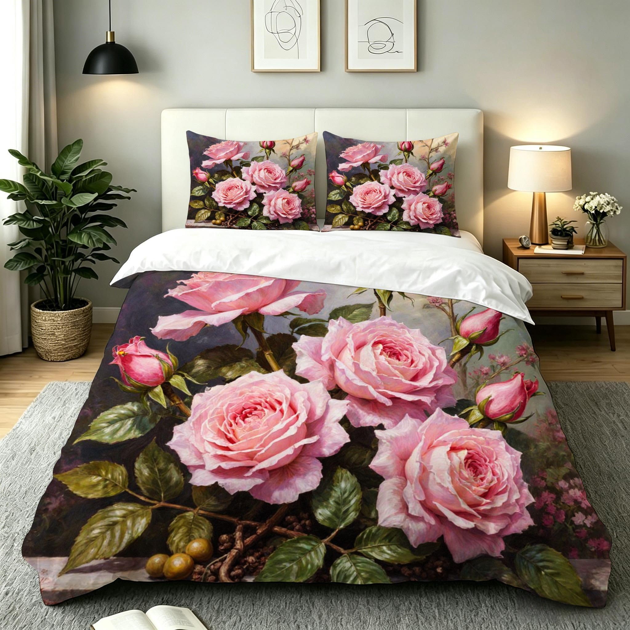 Parure de lit 160x200 rose à motif 3D imprimé en tissu microfibre doux avec zip invisible