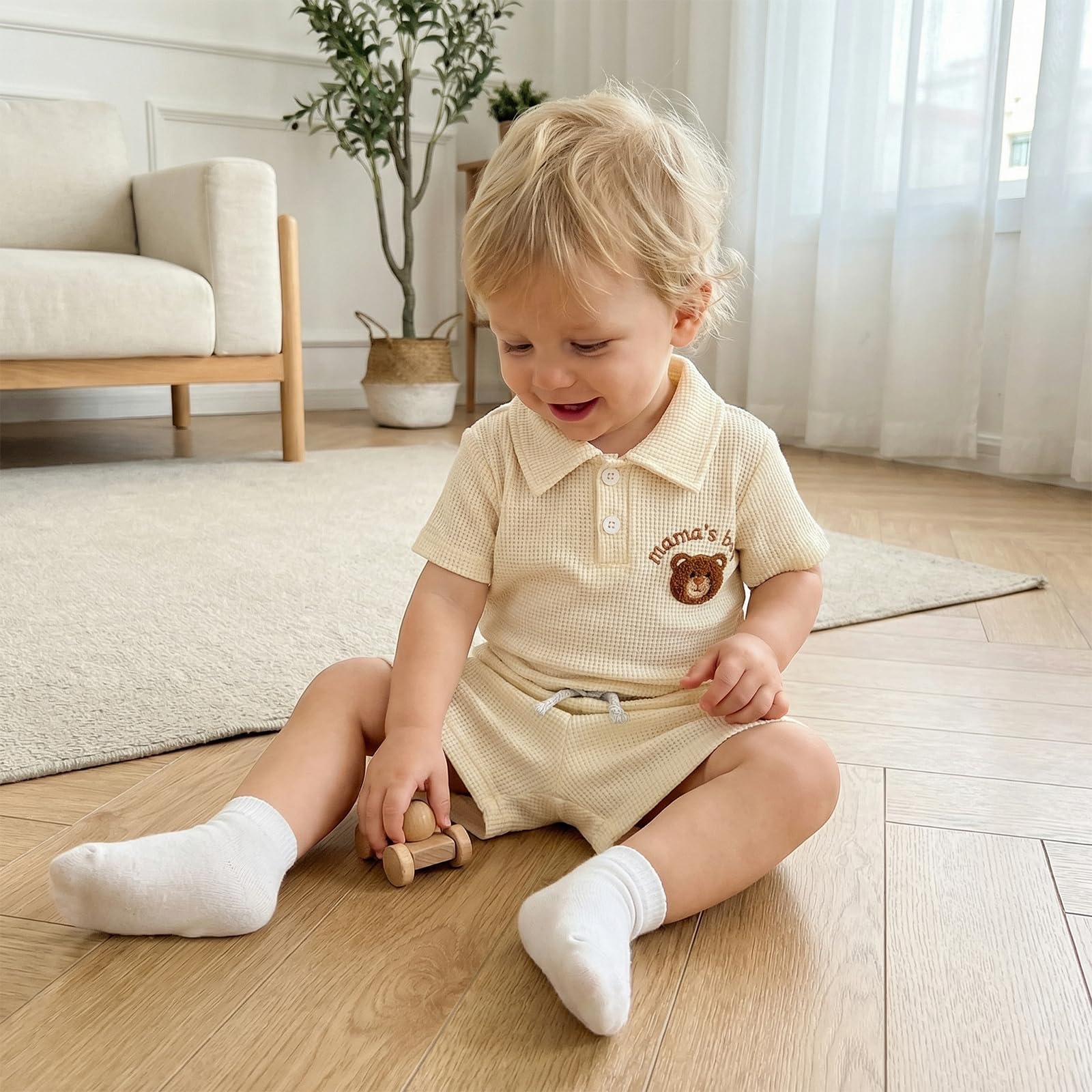 Vêtement Naissance Bébé Garçon Eté Body Ours à Manches Courtes + Short Ensemble 2 Pièces