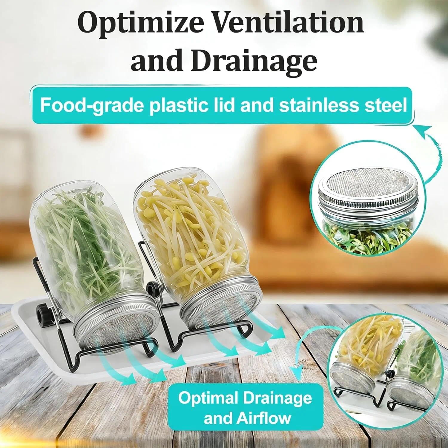 Bocal de Germination, 2 x 1000ml Germoir en Verre Bocal à Germes avec 2 Couvercle à Grille en Acier Inoxydable, 2 Support, 2 Plateau, kit de Bocal à Germes pour Brocoli Luzerne Haricots Verts