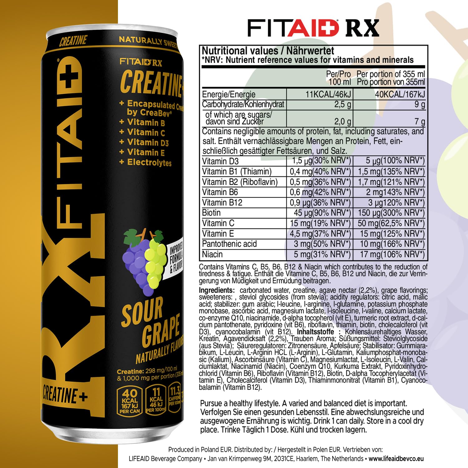 FITAID RX Sour Grape Clean Creatin Monohydrat Recovery Sport Drink 24x355ml | Regenerationsgetränk & Hydration Helper mit BCAA, Elektrolyten, Kurkuma, Vitaminen, CoQ10 und Stevia für Sport und Alltag
