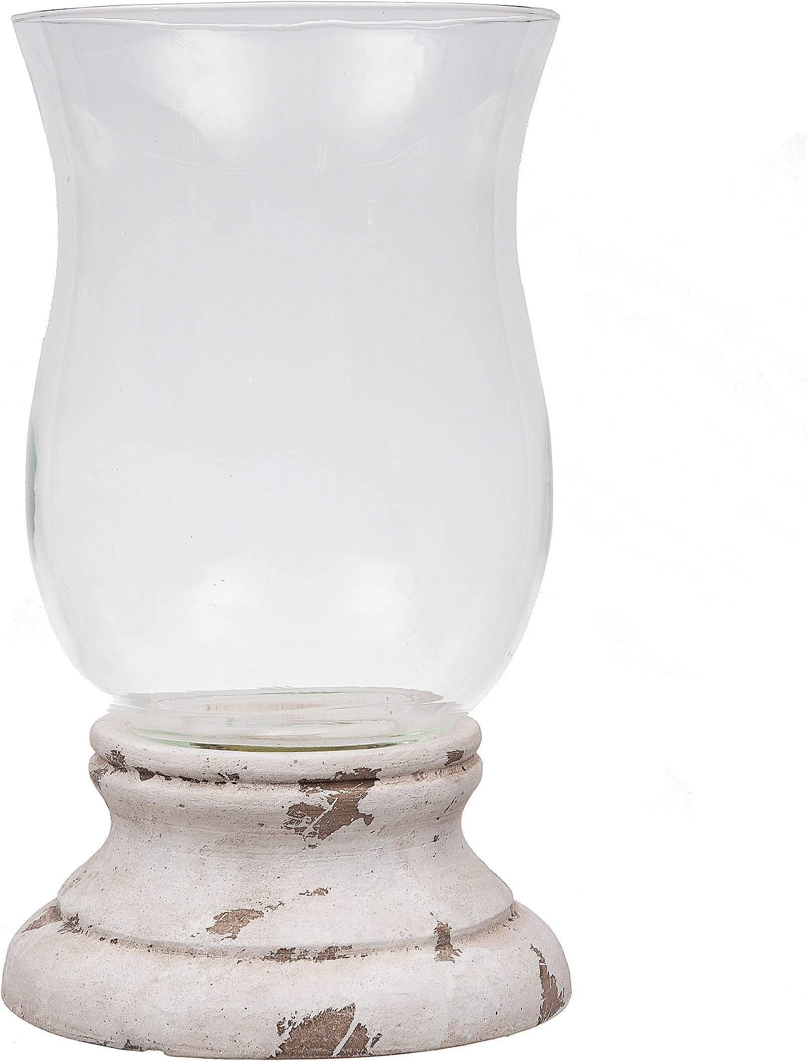 Large Glass Hurricane Candle Holder with Antique White Cement Base | Rustic Home Decor Accent for Dining Room, Living Room, and Fireplace Mantle | 15 Inches