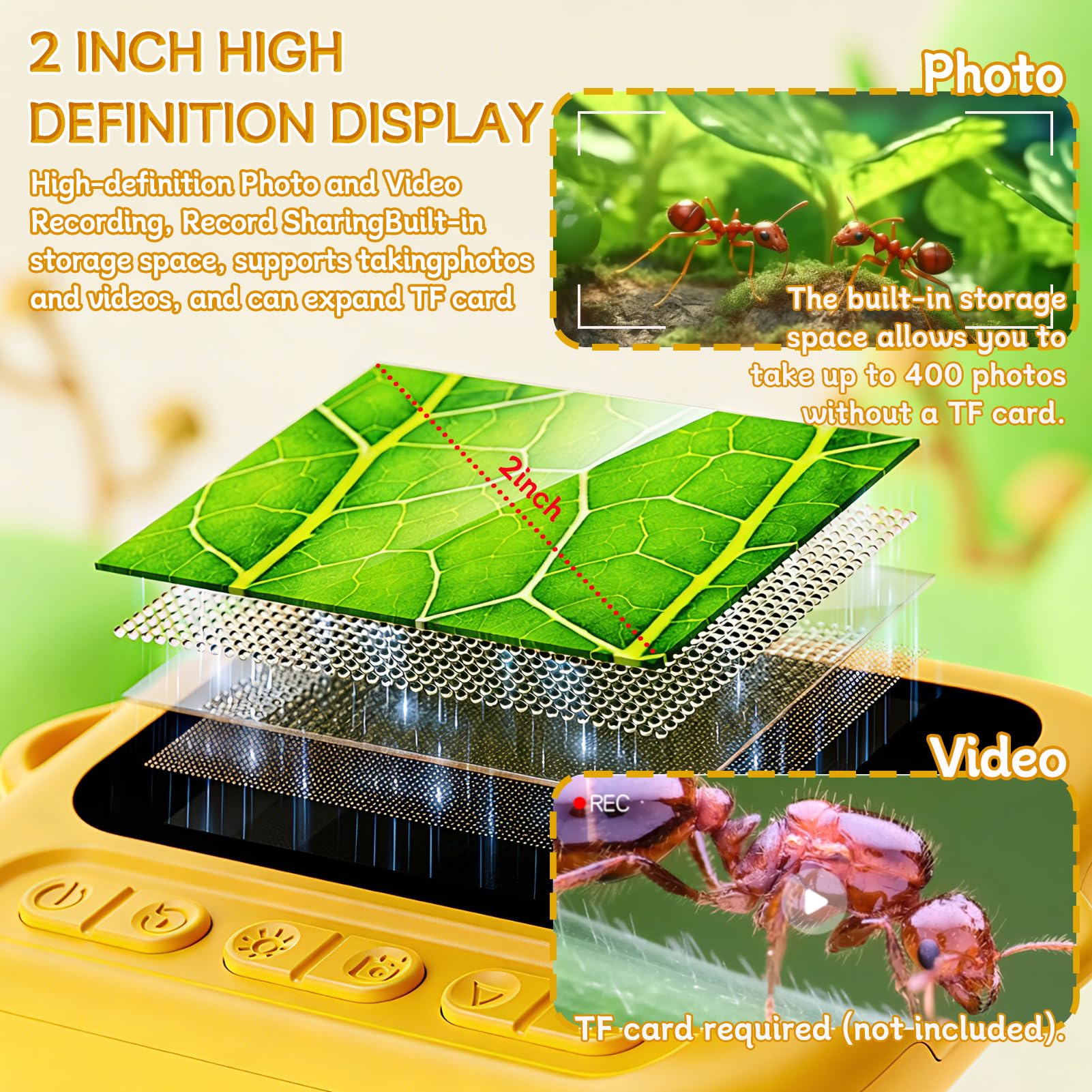Microscopio Digitale per Bambini, 1000X Mini Microscopio Portatile con Schermo IPS 2,0" e 8 LED, microscopio Tascabile USB Type-C Compatibile PC, Gioco Scientifico Educativo dai 3+, Giallo