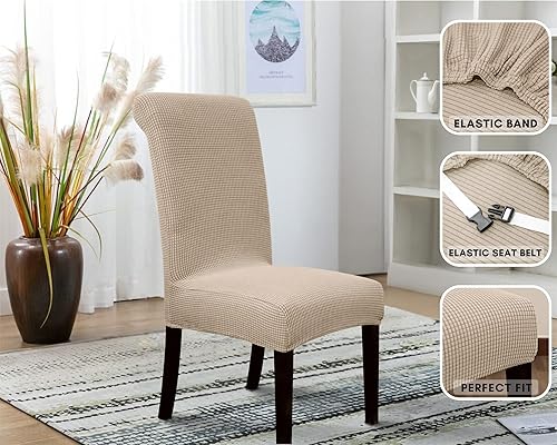 Miniatura 10 de SPRINGRICO Paquete de 4 fundas para sillas de comedor con cinturón de seguridad, fundas elásticas para sillas Parsons lavables, fundas protectoras