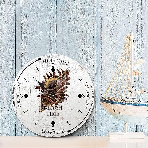 Miniatura 4 de Beach Time Conch Tide Clock Ocean Time Coastal Wood Tidal Clock with High Tide Low Tide Non-Ticking Battery Operated Tide Clock 10" Tide Movement