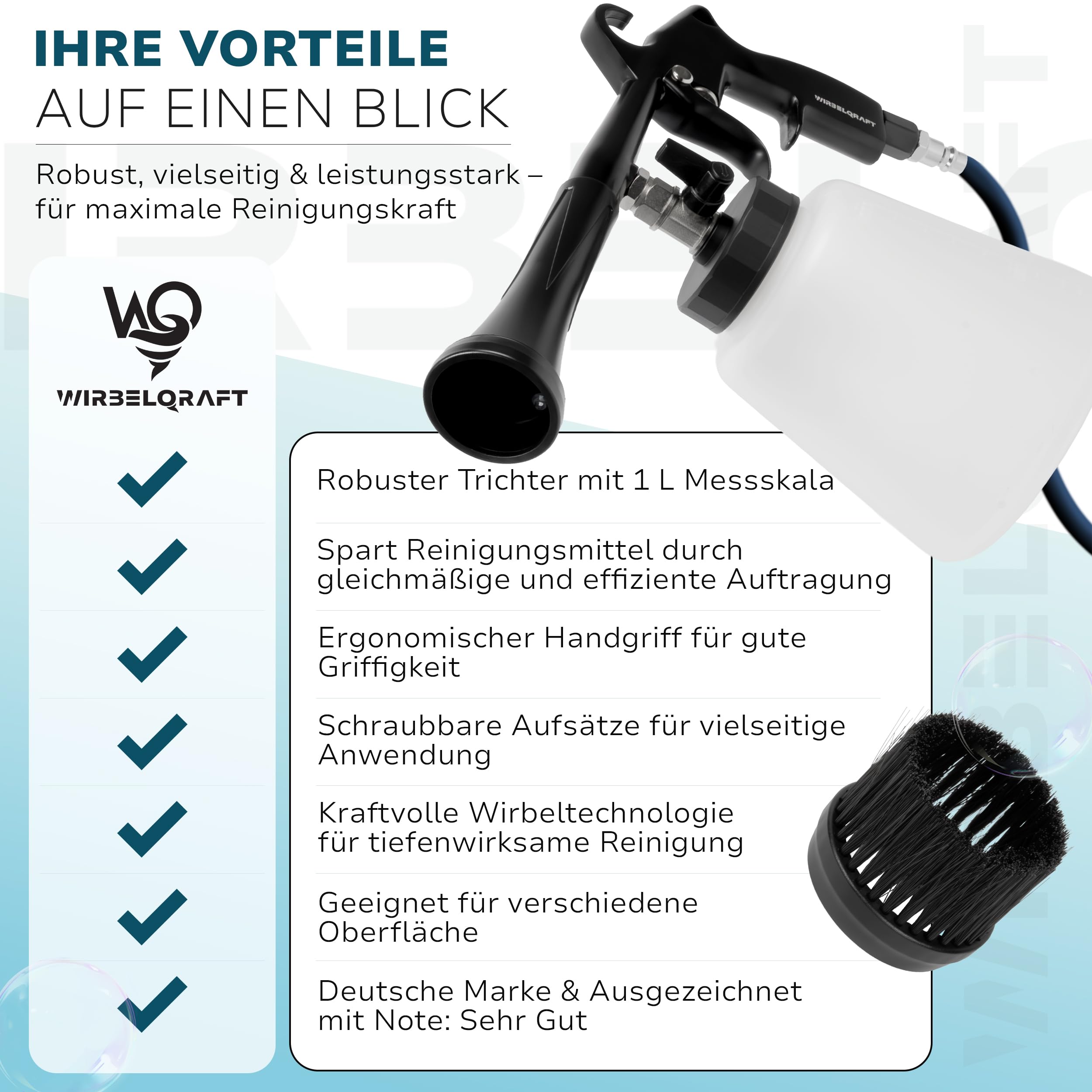 Wirbelqraft® Druckluft Reinigungspistole – robuste Ausblaspistole mit Wirbel-Effekt für wirkungsvolle Auto/KFZ-Innenreinigung – Komplett-Set mit 1L Füllbehälter, Bürstenaufsatz & Luftdruckpistole