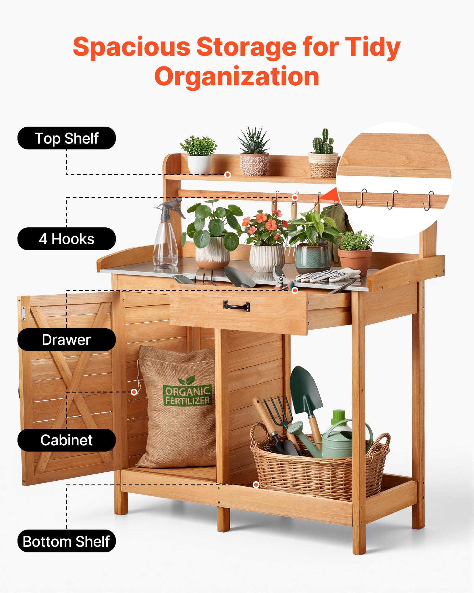 VEVOR Armadietto Banco per Giardinaggio, Postazione di Lavoro in Legno per Esterni con Piano in Ferro Zincato da 112 x 46,5 cm, con Cassetto, Mobiletto Portaoggetti e Ripiani, Ganci per Patio