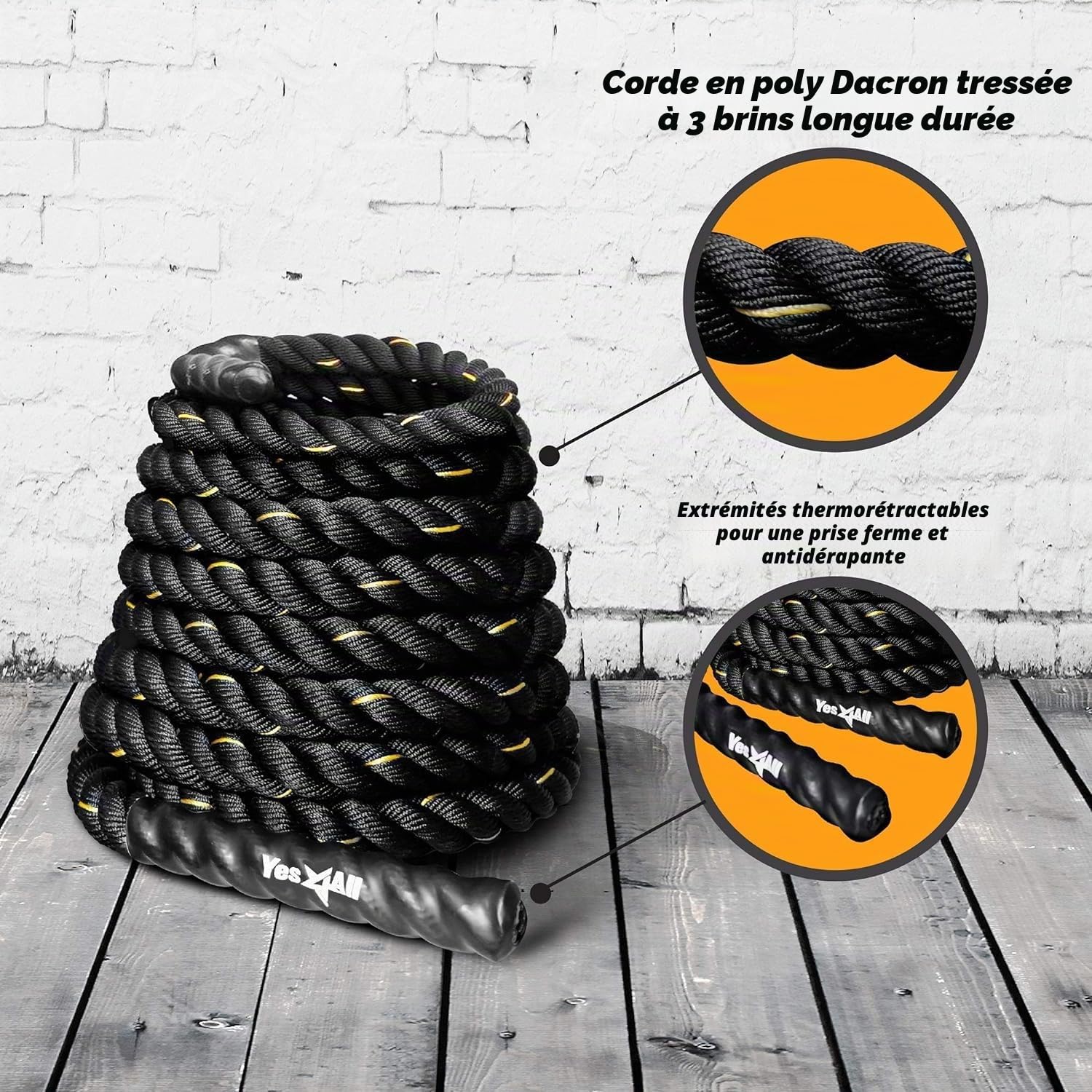 Yes4All corde de combat, corde d'entraînement pour exercices de combat avec couverture protectrice - Ancre et sangle en acier incluses, 38mm/50mm diamètre Poly Dacron 9m/12m/15m de longueur