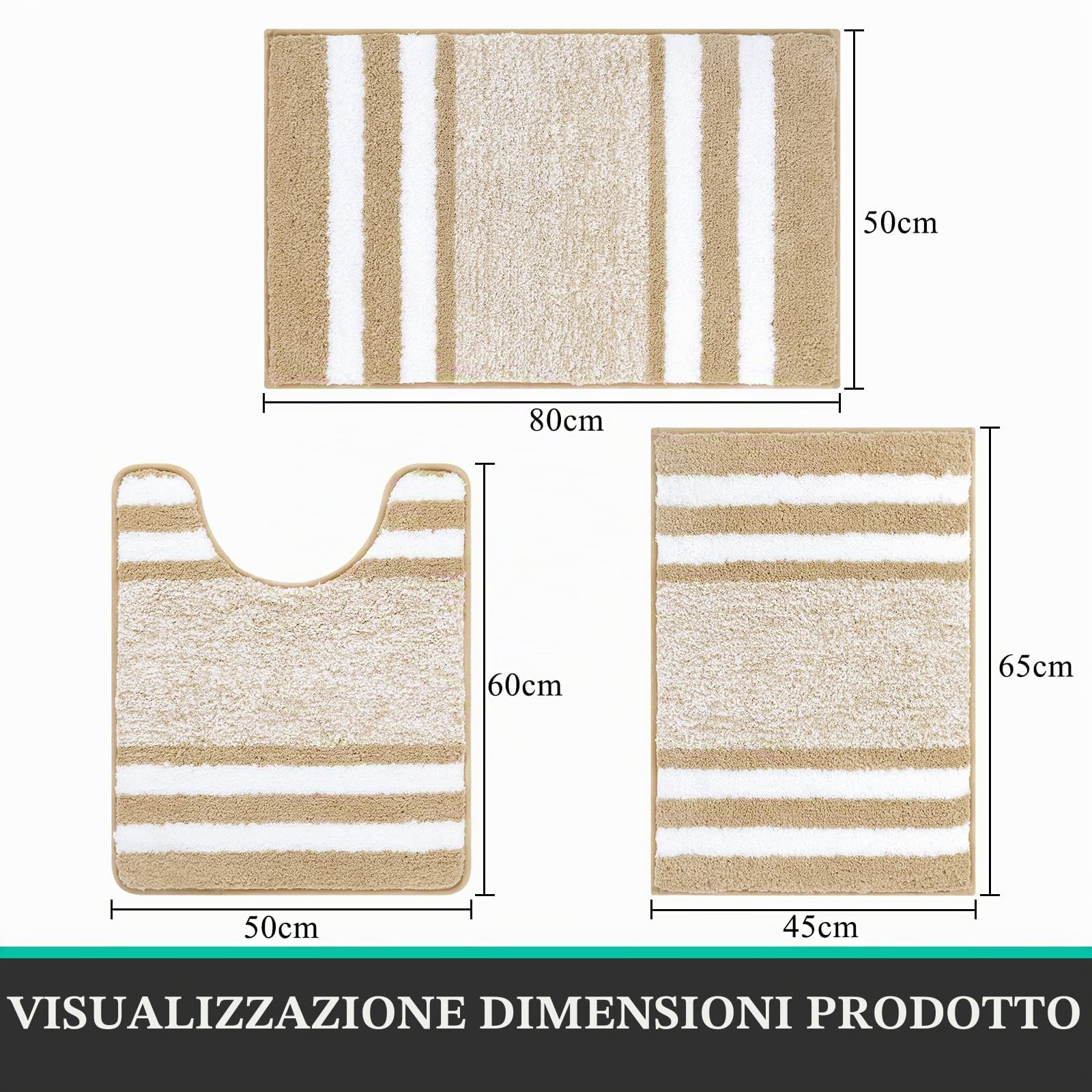 Pauwer Set di 3 tappetini da bagno ultra spessi, con fondo antiscivolo, assorbenti, tappetini da bagno e tappetino per WC, facili da pulire, lavabili in lavatrice, colore: beige