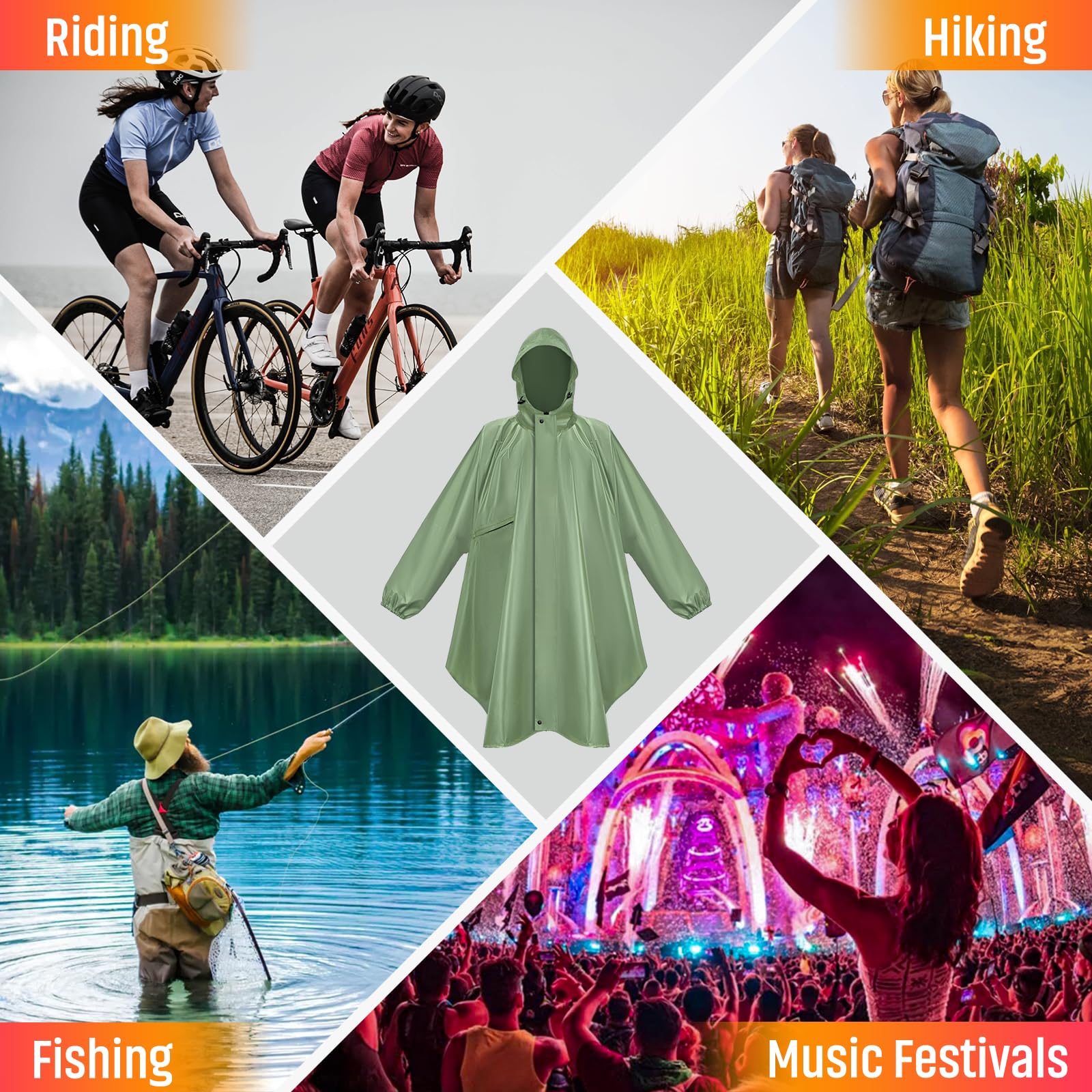 LUROON Leichter Wasserdichter Regenponcho Regenjacke Damen Herren mit Kapuze Faltbare Regencape Fahrrad mit Taschen Reflexstreifen, Wiederverwendbar Regenmantel für Wandern Angeln Radfahren Reisen