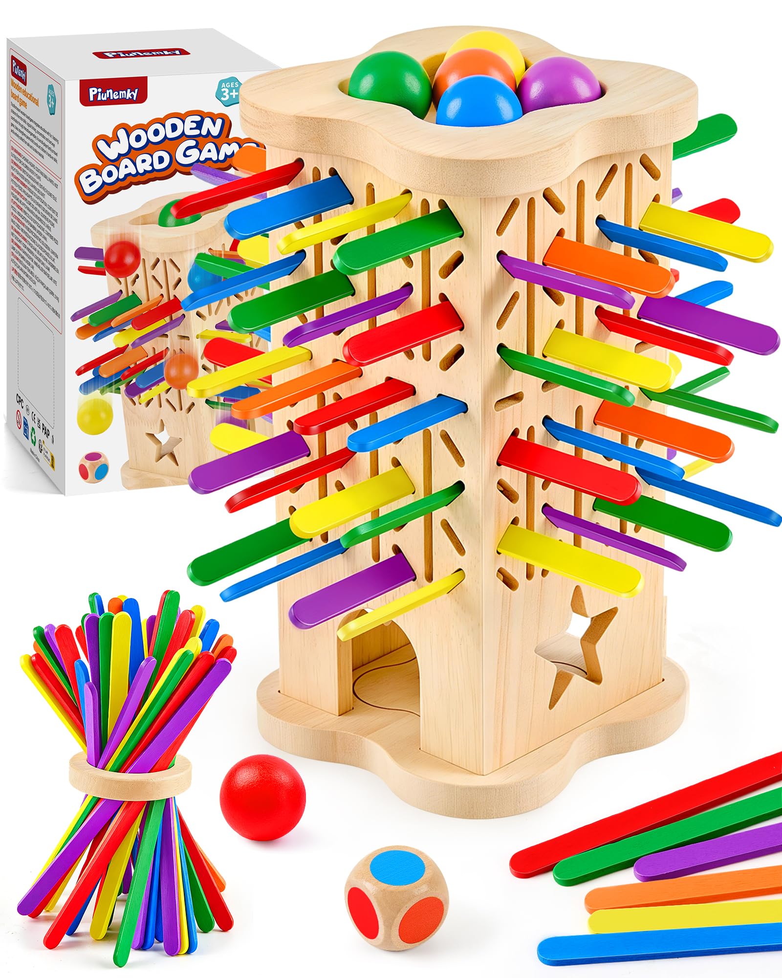 Juego de Mesa Montessori de Madera para Niños de 3 4 5 6 Años | Juguete Educativo con Palitos de Colores, Dado y Bolas, Juguete de Habilidad Motora Fina, Regalo Ideal para Niños y Niñas