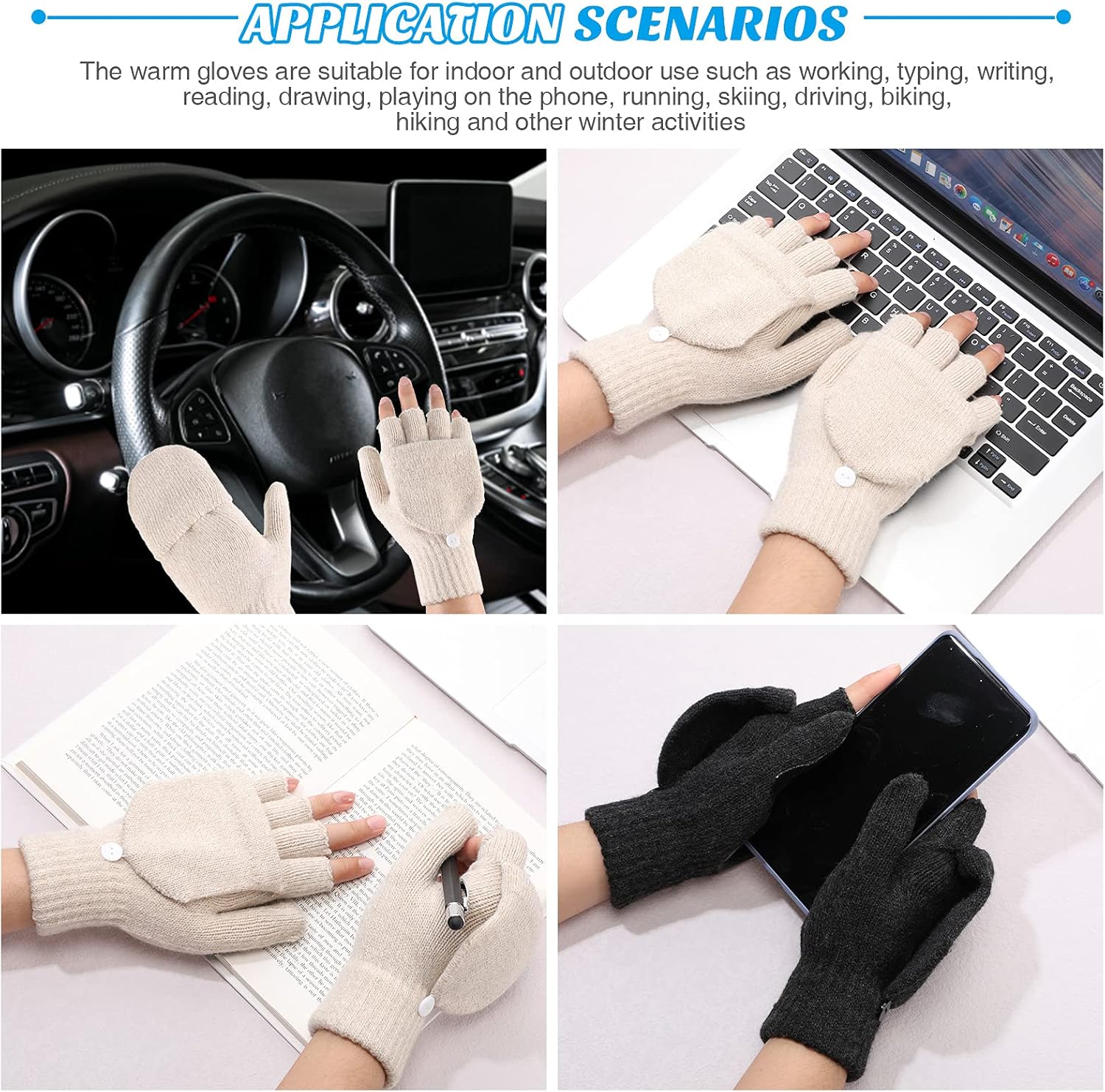 JaGely 3 Pairs Winter Convertible Gloves Fingerless Mittens for Women Men Warm Winter Knitted Fingerless Gloves with Mittens Cover Cap Cold Weather - Image 5