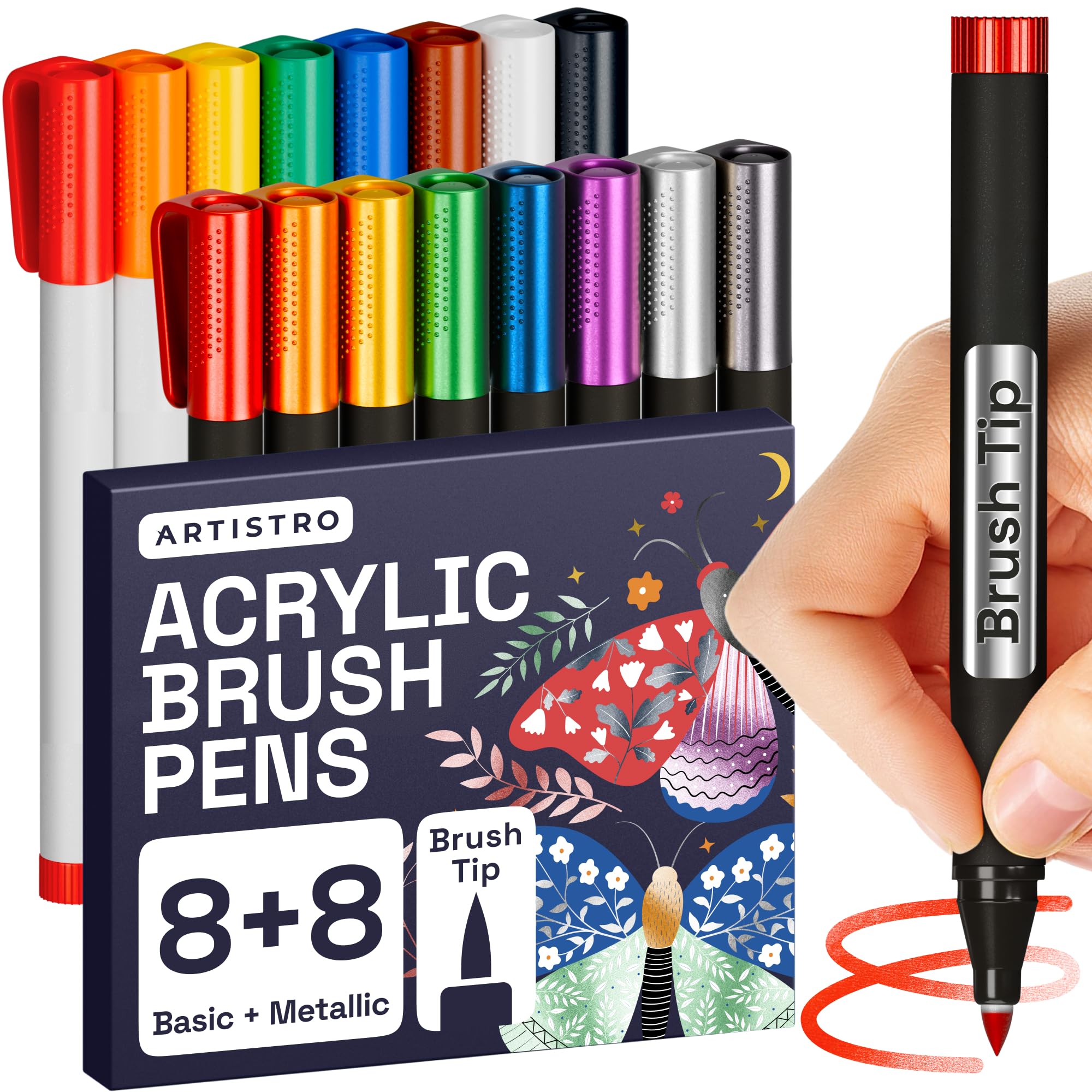 ARTISTRO Paint Markers - Acrylic Pens for Rock, Glass, Fabric, DIY - Art Supplies - 16 Brush Tip Markers