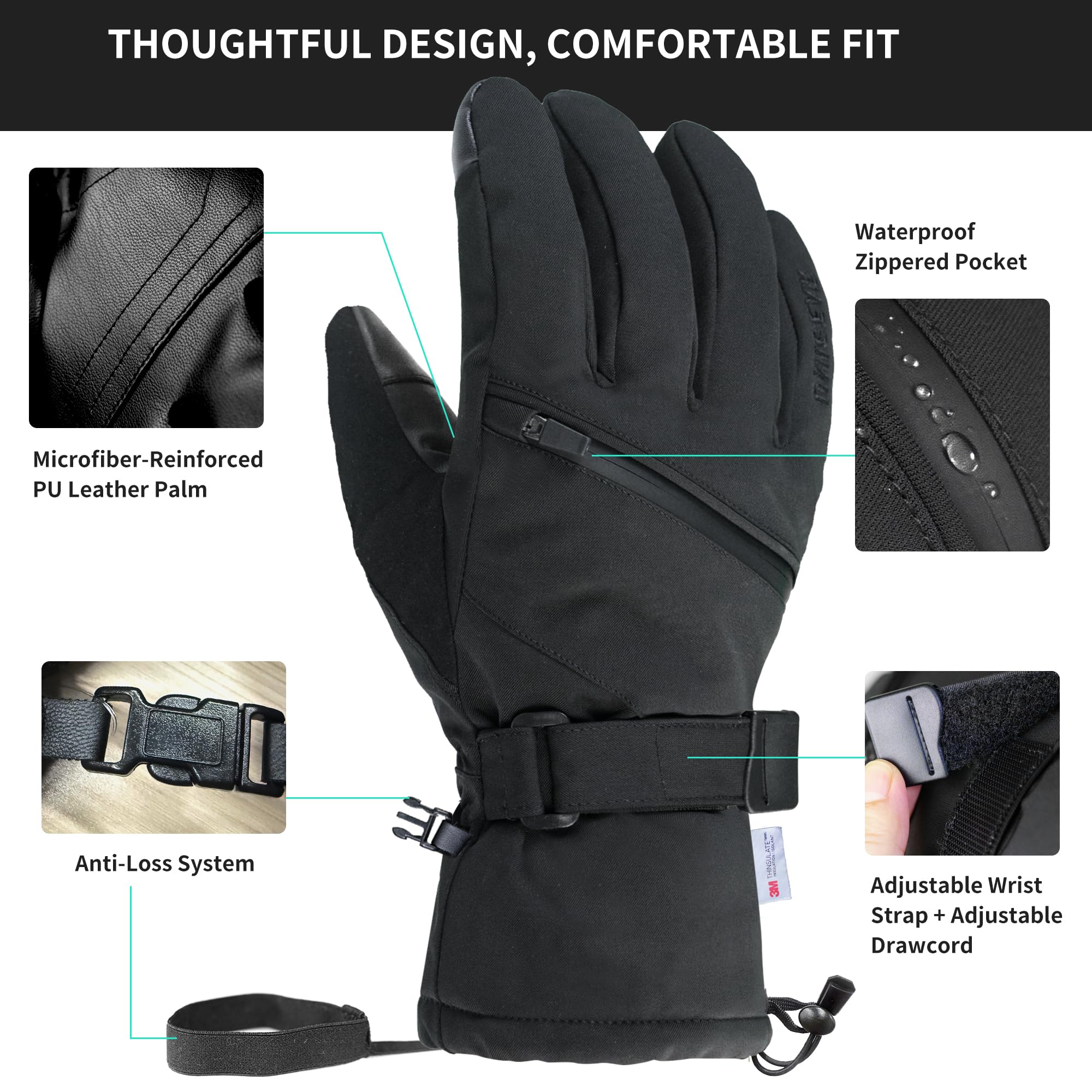 Unigear Guantes de esquí para Hombre y Mujer, 3M Thinsulate, Guantes de Invierno para Pantalla táctil, Guantes térmicos, Impermeables, cálidos, Antideslizantes, para esquí, Snowboard, Patinaje sobre
