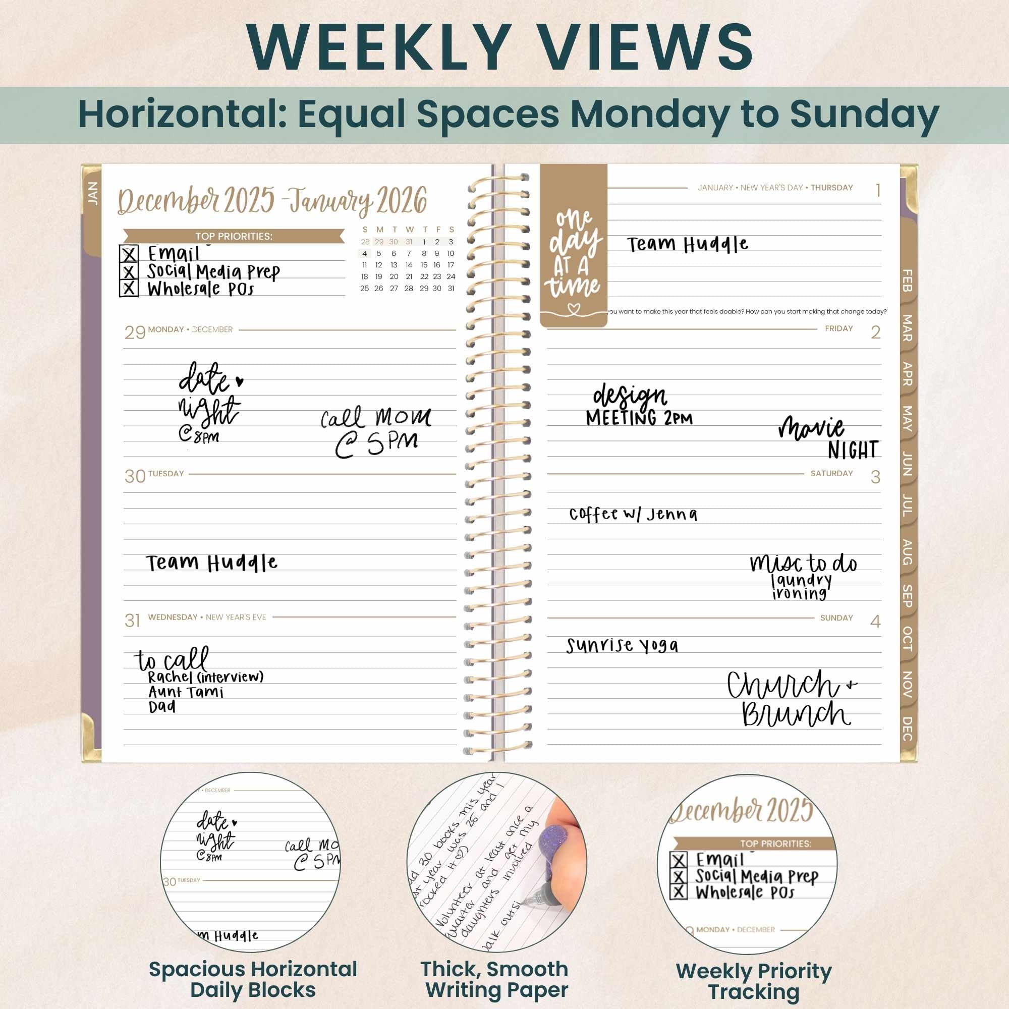 bloom daily planners HARDCOVER Planer 2026 (od stycznia do grudnia) - organizer do celów zadań A5, miesięczny i tygodniowy inspirujący plan, 14 cm x 21 cm, len, fioletowy