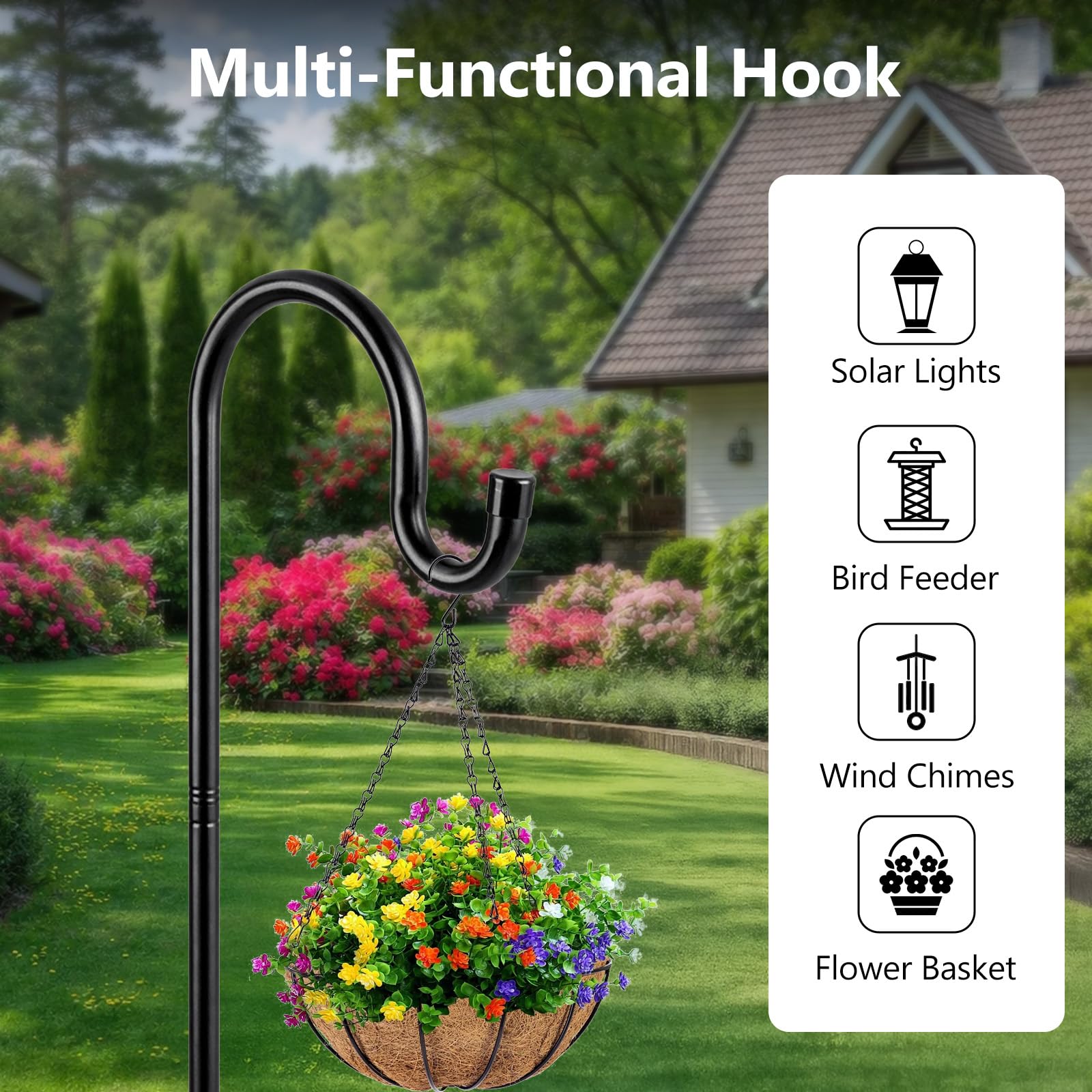 EVERGOODS Bird Feeder Pole 7.6 FT Tall Stake with 4 Height Settings 233cm Shepherds Hooks Heavy Duty 5 Prongs Base Heavy-Duty Steel Shepherds Hook for Hanging Feeders, Squirrel Baffle, Bird Bath-Black — view 3