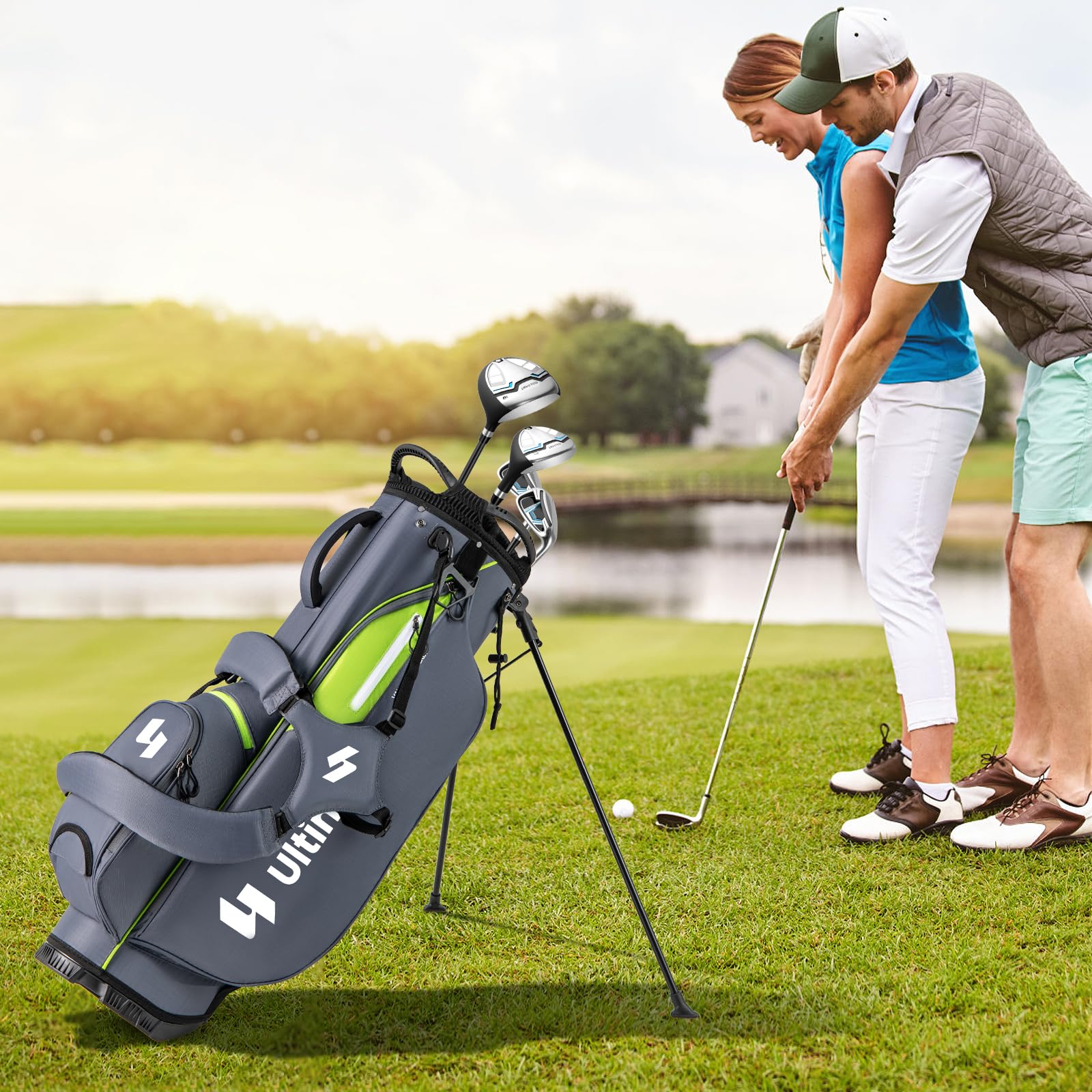 COSTWAY Sac de Golf Léger avec 8 Compartiments Supérieurs et 5 Poches Zippées, Sac de Club de Golf Portable avec Bandoulière Réglable Housse de Pluie et Porte-Parapluie pour Femmes/Hommes