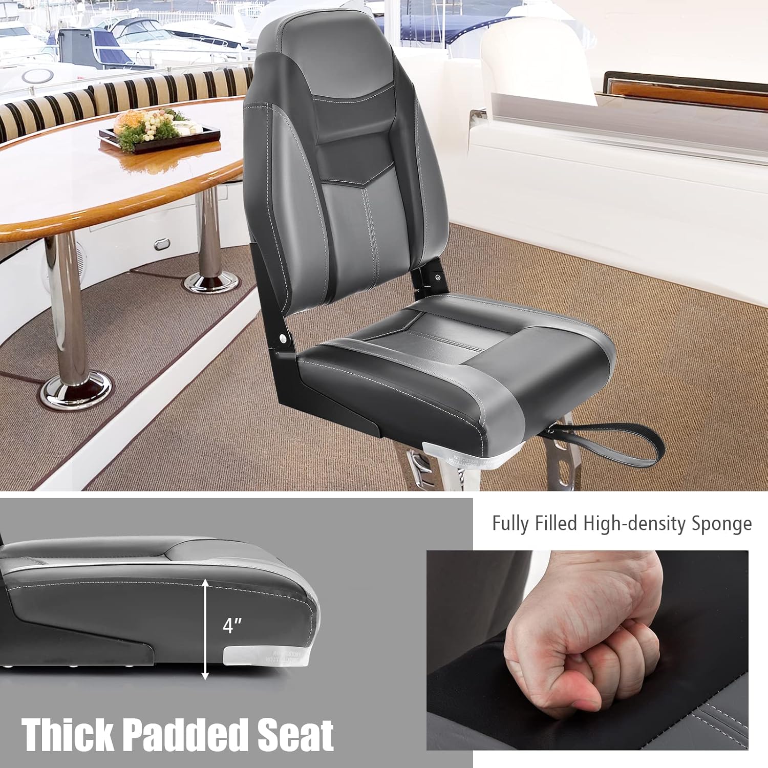 Goplus Low/High Back Boat Seats, Folding Seat with Stainless Steel Screws & Aluminum Hinges, Thickened Sponge Padding, Waterproof Fishing Captain Seats (2 Packs Dark Gray Black), (SU-10522DK-2-PN)