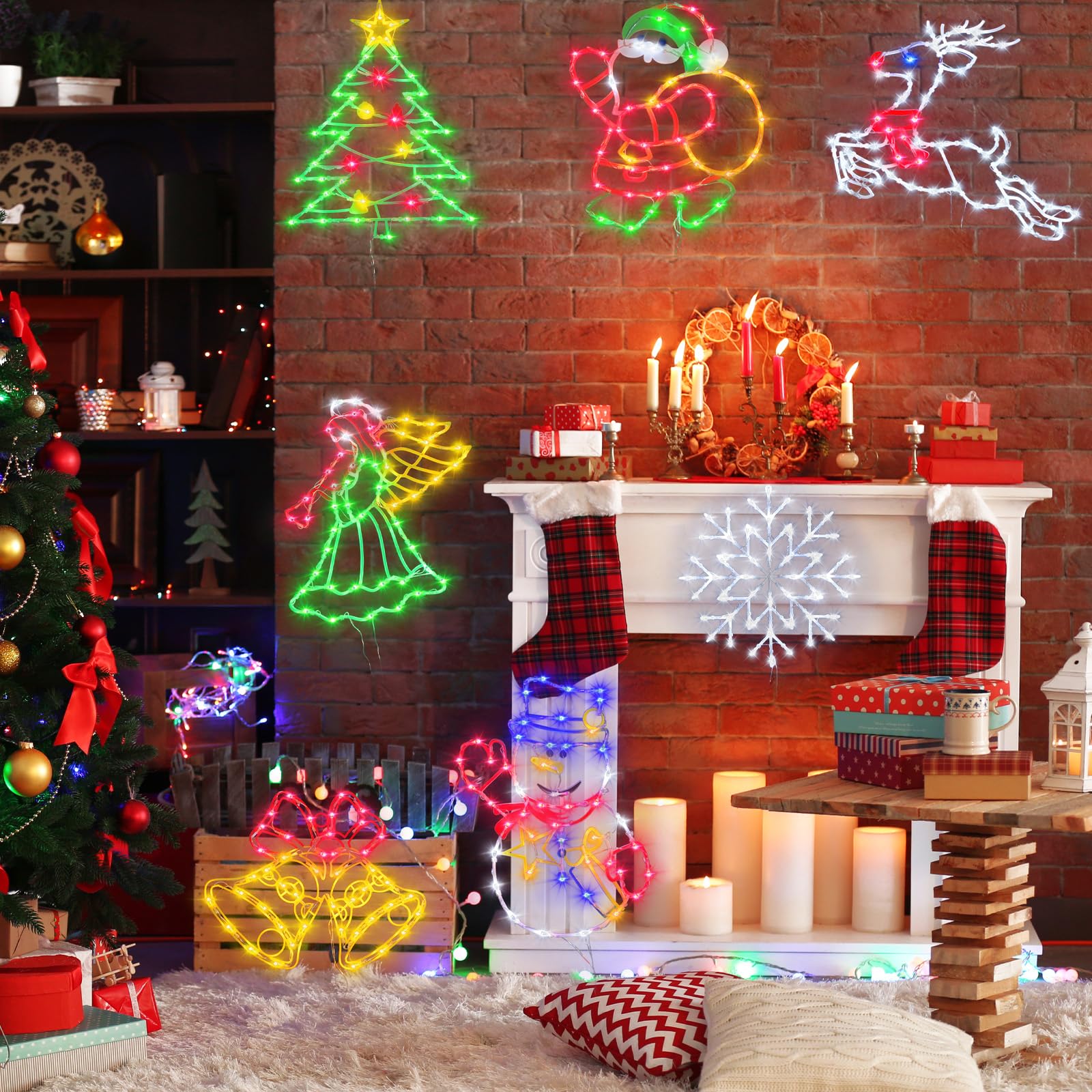 TRWYMZ 4 Stück Bunte LED Weihnachts-Fensterbeleuchtung mit EU-Stecker | LED Weihnachtsfiguren (Weihnachtsbaum, Rentier, Glocke, Weihnachtsmann) für Innen & Außen, Wand, Tür & Fenster