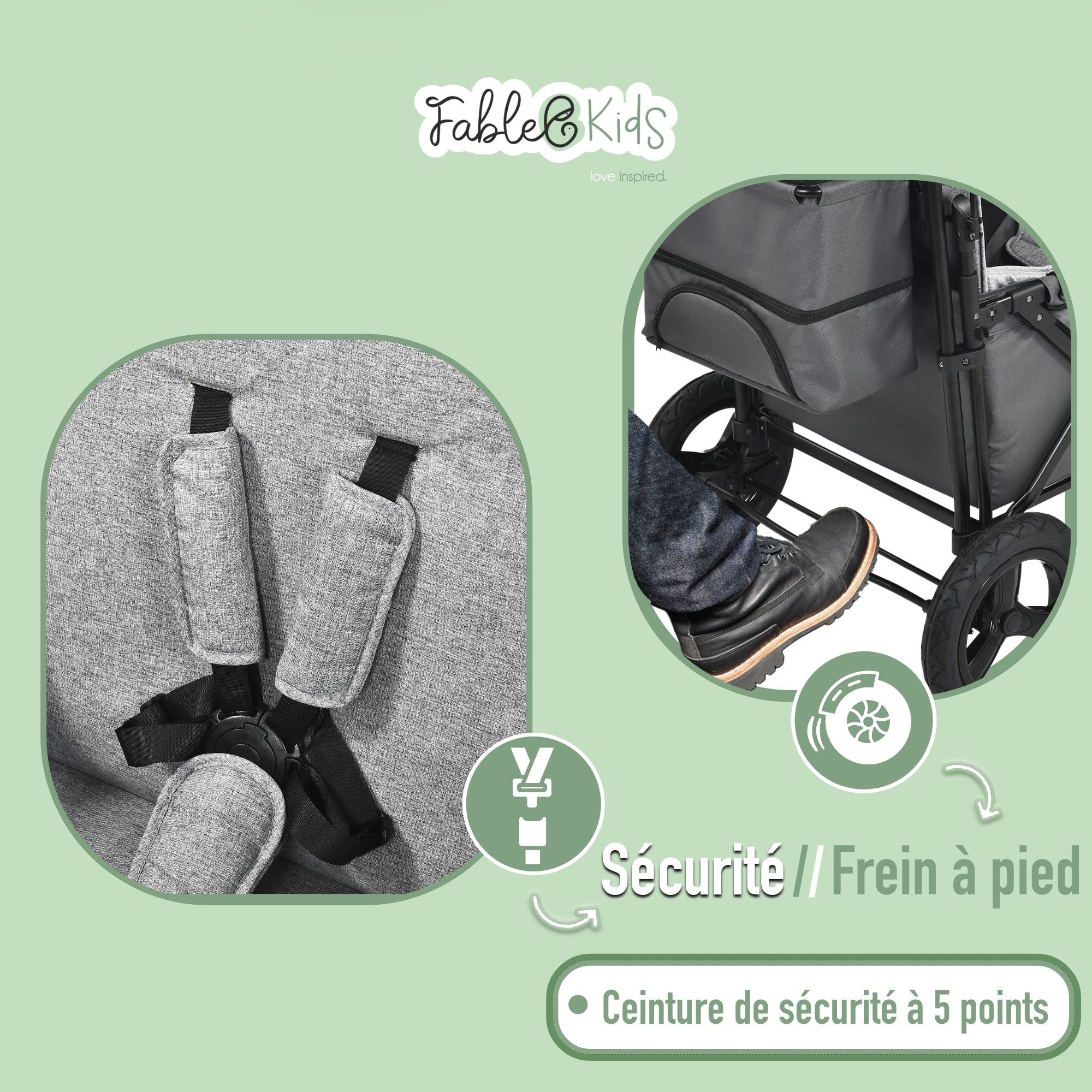 AREBOS FableKids Chariot Leo X2Plus avec Toit | de Transport Pliable supporte jusqu'à 20 kg par siège Harnais 5 Points Roues Tout-Terrain 360° Frein à Pied Toile Oxford 600D Gris fossile FA-HE-SW2LUA