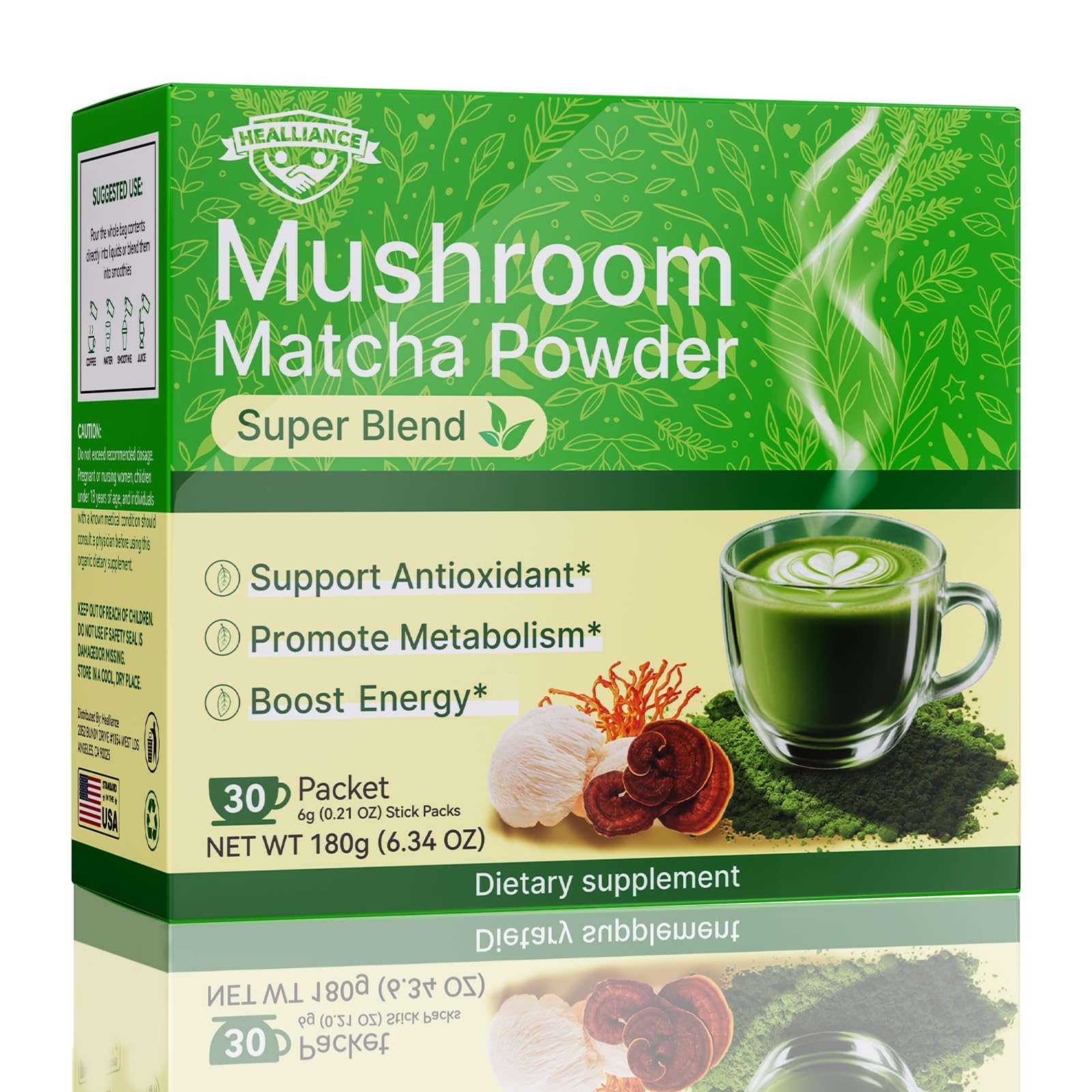 Matcha Powder Single Serving Sticks - Healliance Ceremonial Grade Matcha Powder with Lions Mane and Ashwagandha for Calm