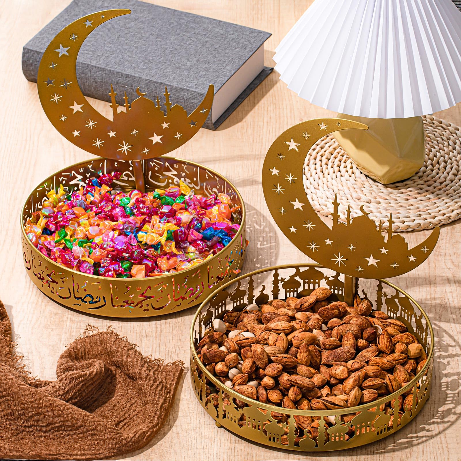 2 Stück Ramadan Tablett Metall Eid Mubarak Tablett Ramadan Serviertablett Runde Muslimische Desserttabletts aus Metall Lebensmittelaufbewahrungsbehälter für Muslimische Tischdekoration
