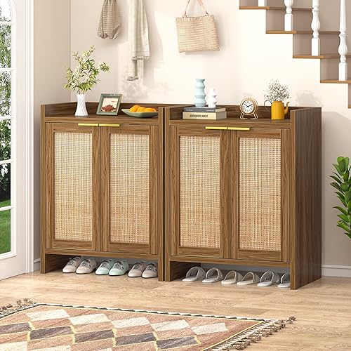 Miniatura 9 de Armario de almacenamiento de zapatos para entrada, zapatero de ratán de 4 niveles con puertas y estantes ajustables, zapatero estrecho bohemio para