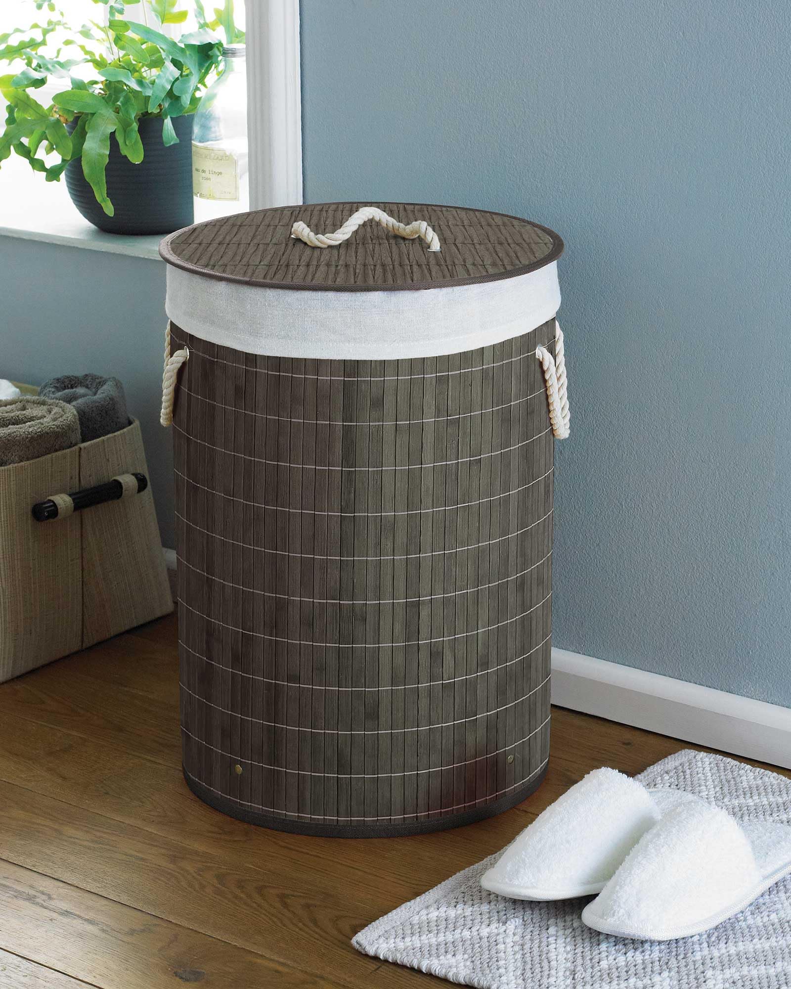 COUNTRY CLUB Folding Bamboo Laundry Hamper Basket Storage Bin Dirty Clothes Washing Bag (Nouveau Grey)