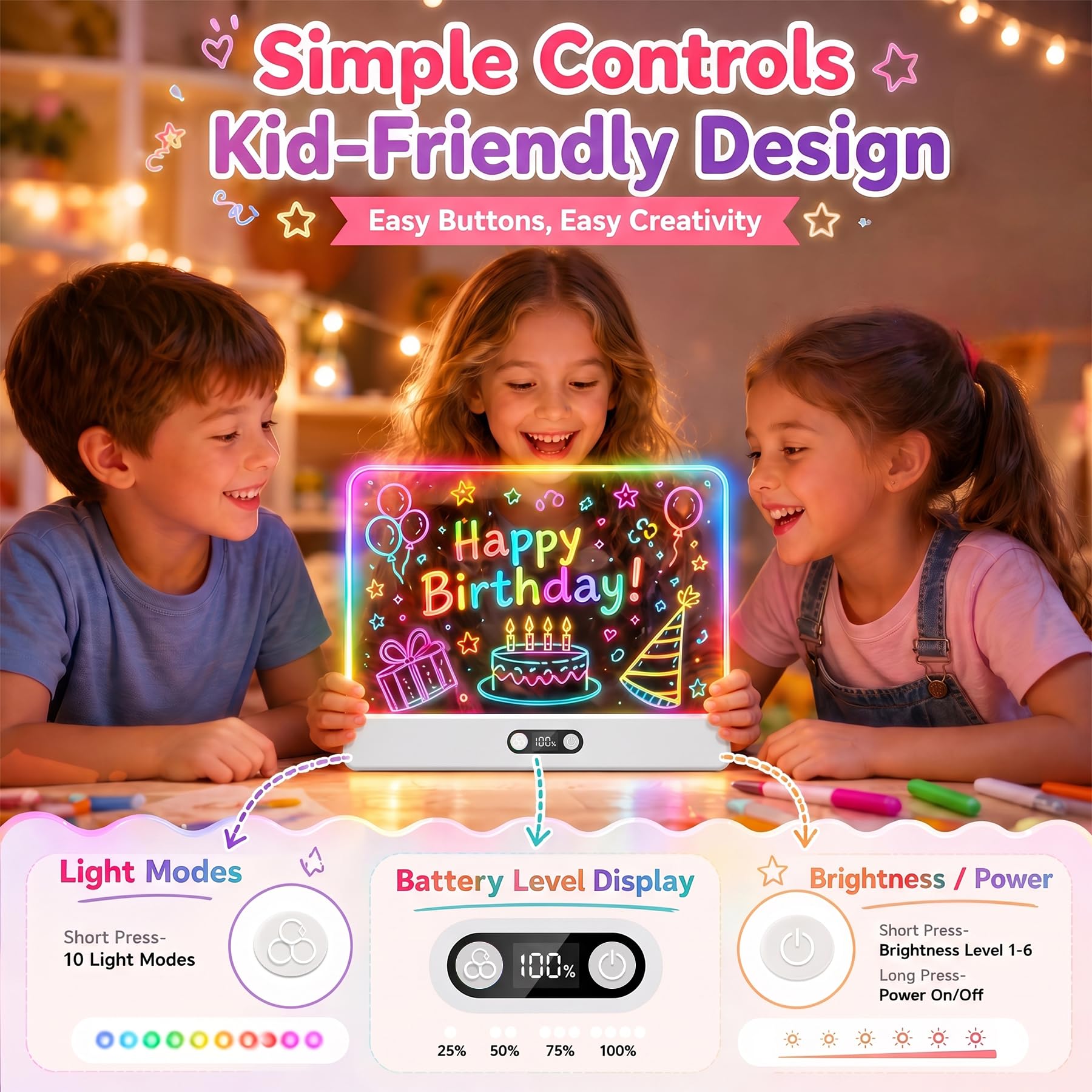 seenlast Lavagna LED luminosa portatile per bambini, tavoletta da disegno con 8 colori e 3 modalità di illuminazione, giocattolo creativo per ragazze e ragazzi di 4-8 anni, regalo originale