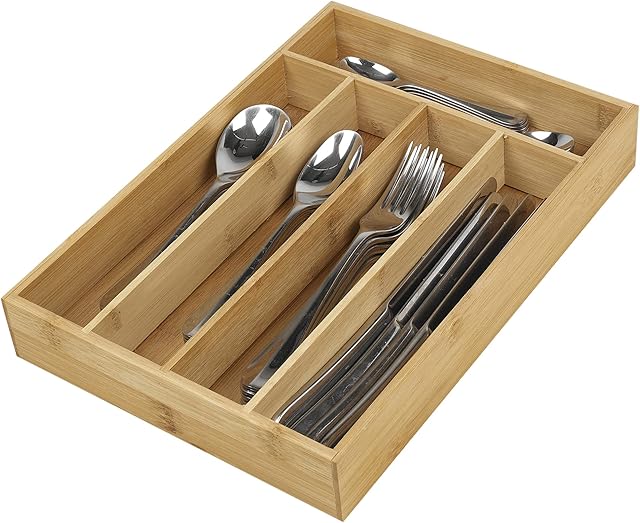 URBNLIVING Wooden Bamboo Expandable Cutlery Tray, Kitchen Drawer Insert Box Storage Organiser, 5/7 Compartments (5 Compartments (Non Extending))