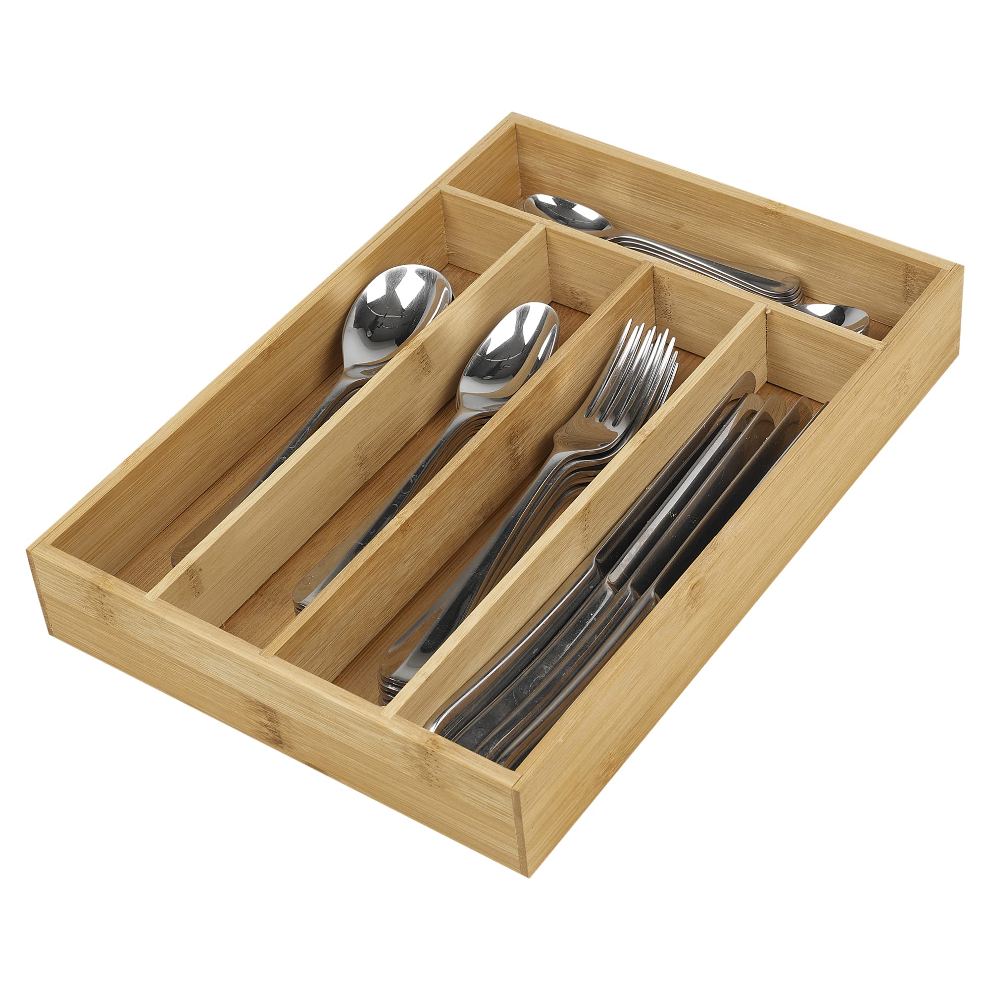 URBNLIVING Wooden Bamboo Expandable Cutlery Tray, Kitchen Drawer Insert Box Storage Organiser, 5/7 Compartments (5 Compartments (Non Extending))
