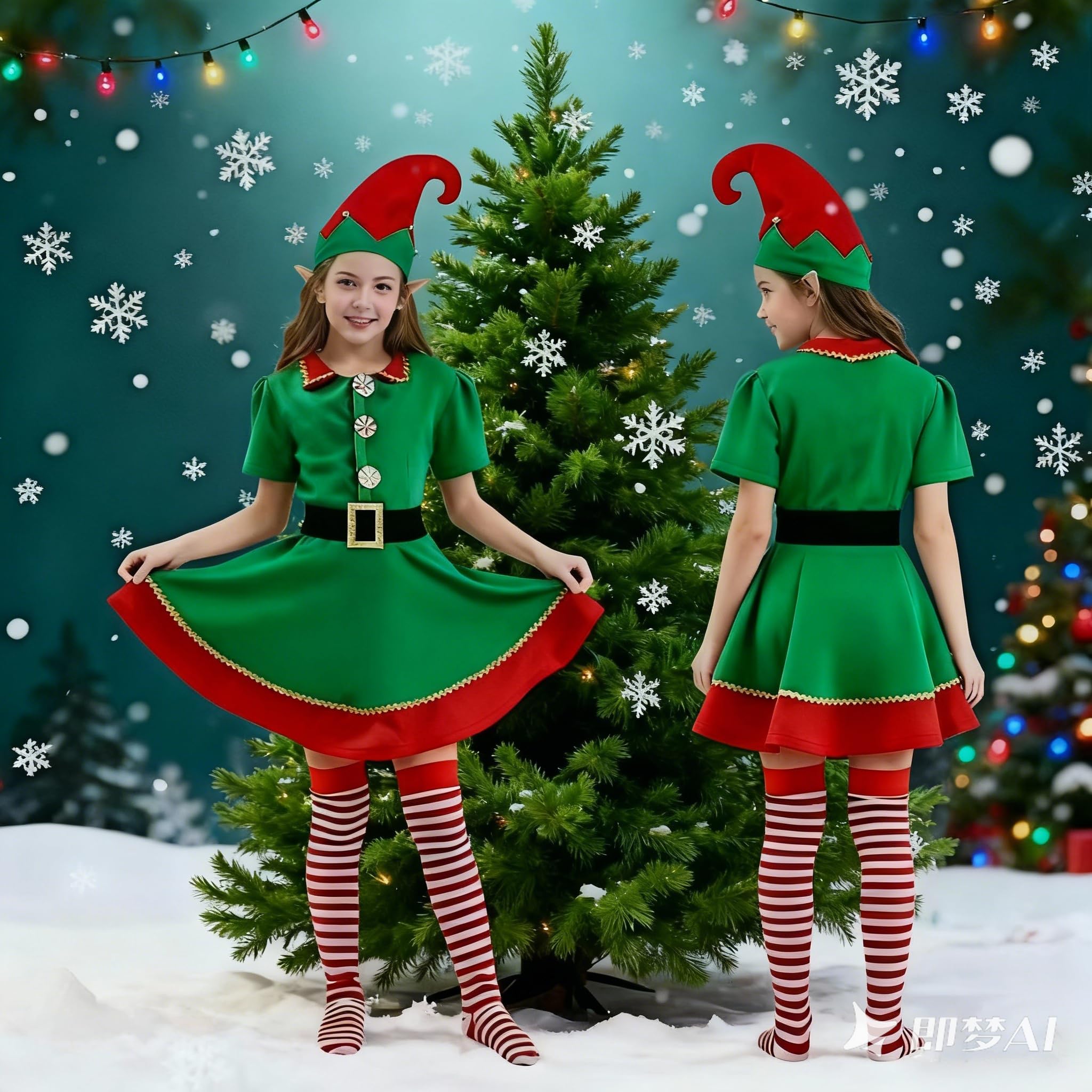 Zynthytic Christmas Elf Costume Adult Kids Christmas Elf Outfits for Women Short Sleeve Fancy Dress with Ears Hat Belt and Socks(110) - Image 3