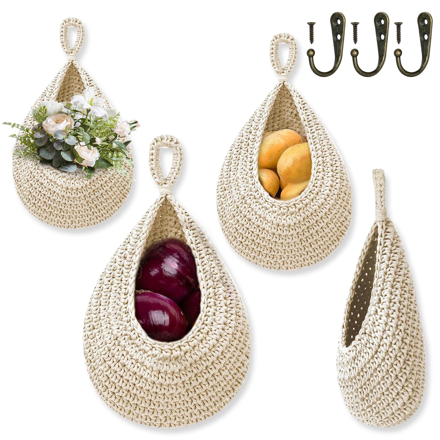 Hanging Fruit Basket for Kitchen, Boho Jute Hanging Baskets for Organizing, Hanging Wall Fruit Vegetable Baskets, Handwoven Decorative Hanging Kitchen Baskets for Potato, Onion Garlic