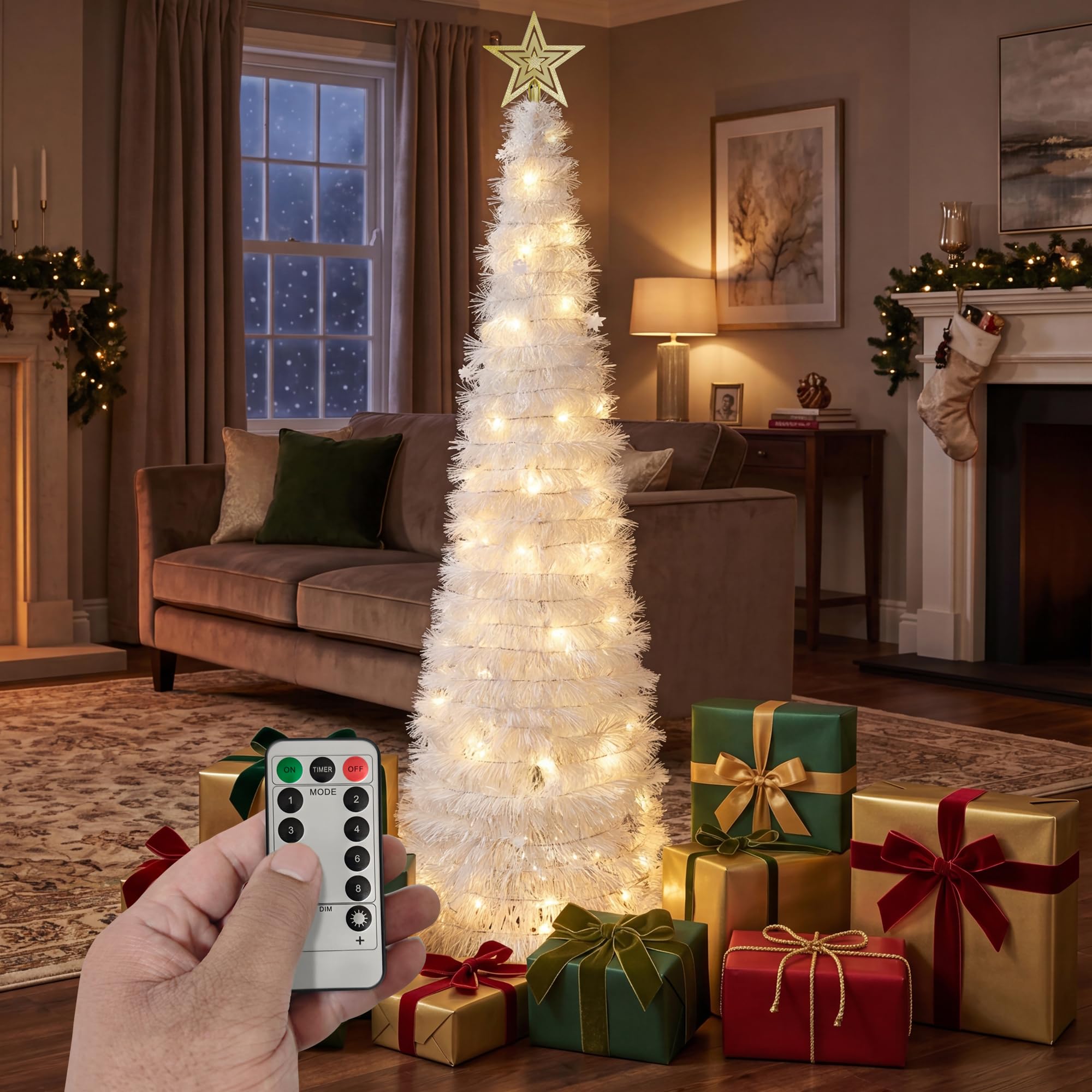 VeryMerry 6FT Pop Up Christmas Tree with Timer LED Lights, White Tinsel Pencil Christmas Tree, Collapsible Artificial Xmas Tree
