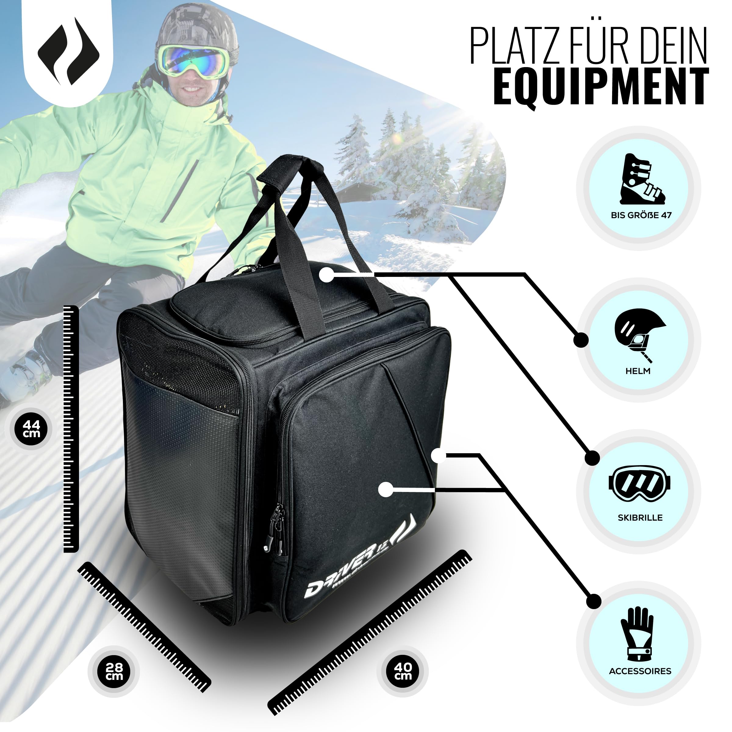 Driver13 Skistiefelrucksack mit Helmfach, Bootbag Rucksack für Skischuhe und Snowboardboots (Varianten)