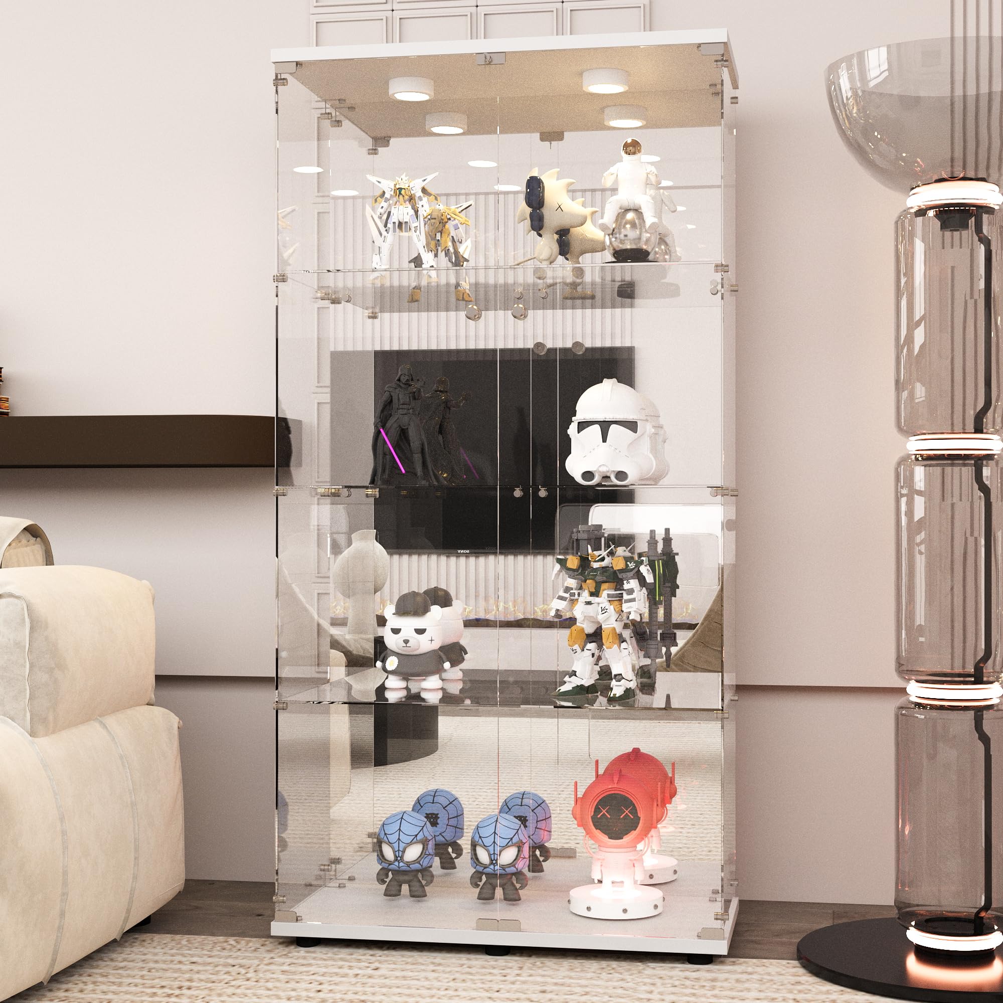 LFT HUIMEI2YLFT HUIMEI2Y Glass Display Cabinet 4-Shelf with LED Light, Mirror and Lock, 2 Door Curio Cabinets, Tempered Glass Collection Display Showcase for Bedroom, Living Room 65”x 17”x 14” White