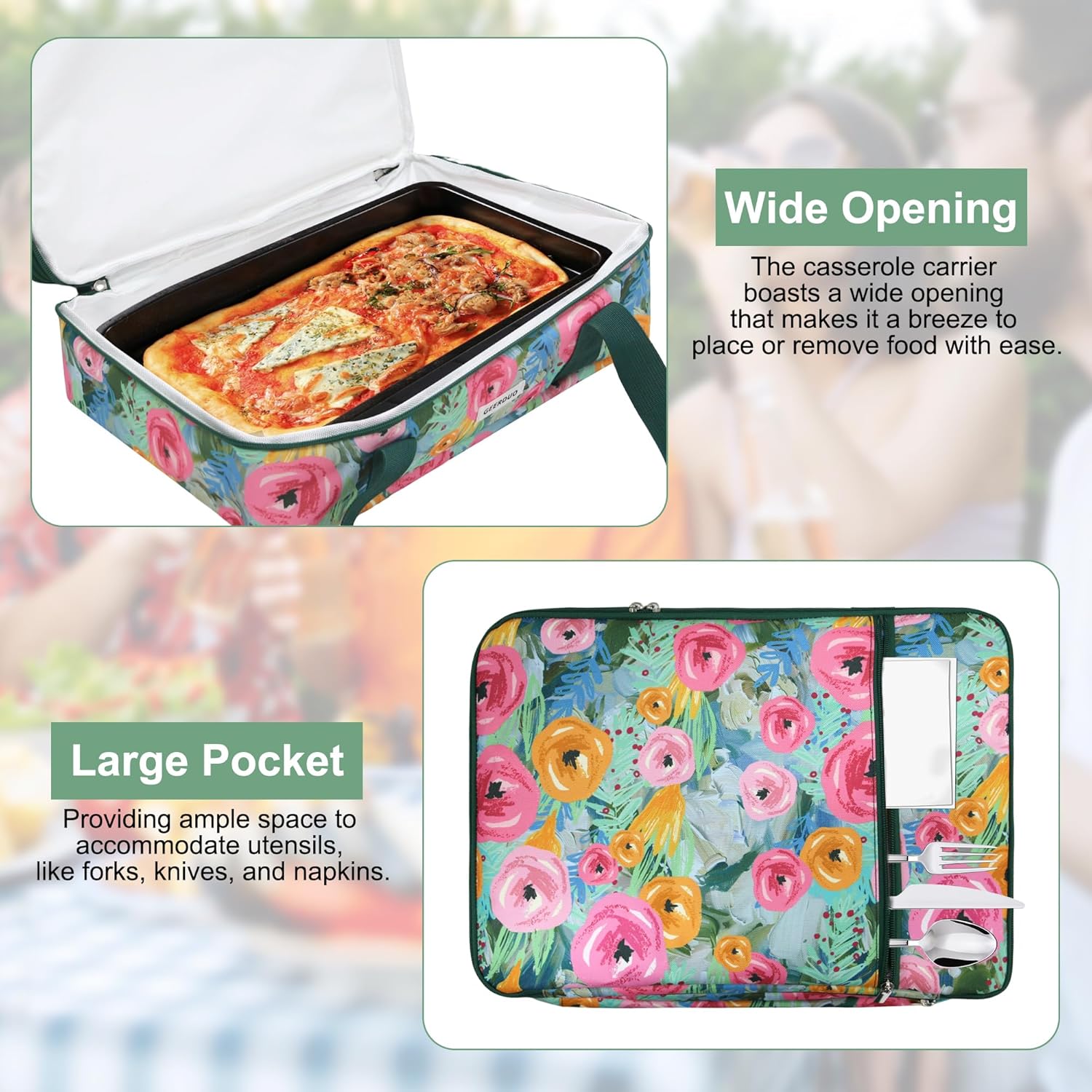 Double Decker Insulated Casserole Carrier, Expandable Thermal Food Warmer Bag Fits 9x13 Dish, Leak-Proof Potluck Lasagna Holder with Utensil Pocket for Picnic Party Cookout (Green Floral)