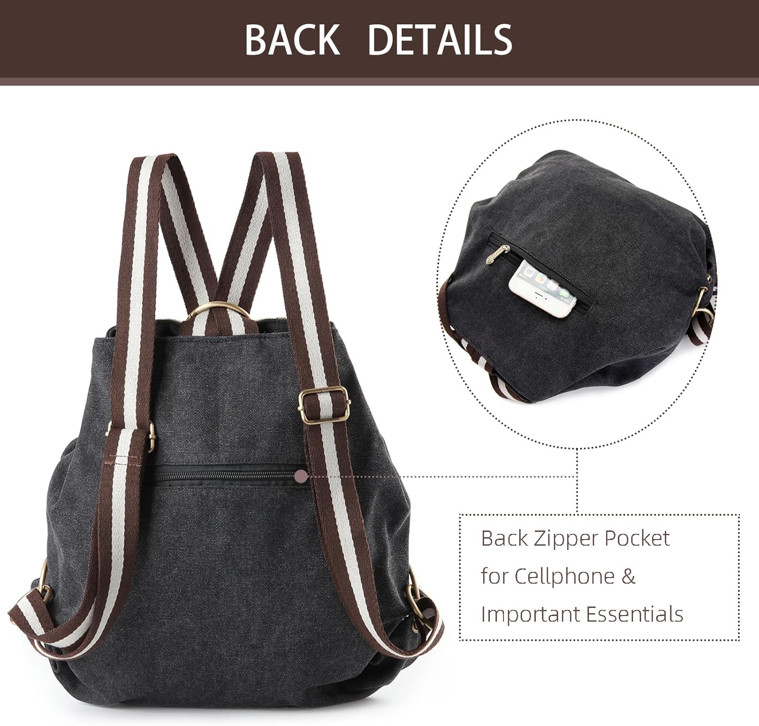 Goodhan WomCanvas Backpack Daypack Casual Shoulder Bag, Vintage Heavy-duty Anti-theft Travel Backpack(Grey Black) - Image 3