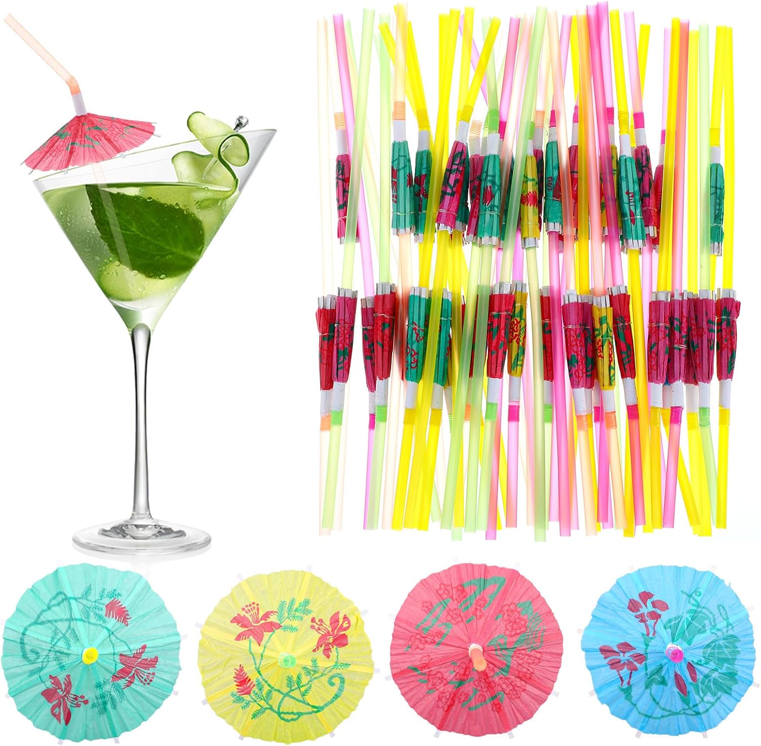 500 Pcs Umbrella Parasol Drinking Straws, Luau Party Decorations Umbrella Cocktail Straw Disposable Straws Drinking Plastic for Summer Beach Hawaiian Luau Party Decorations