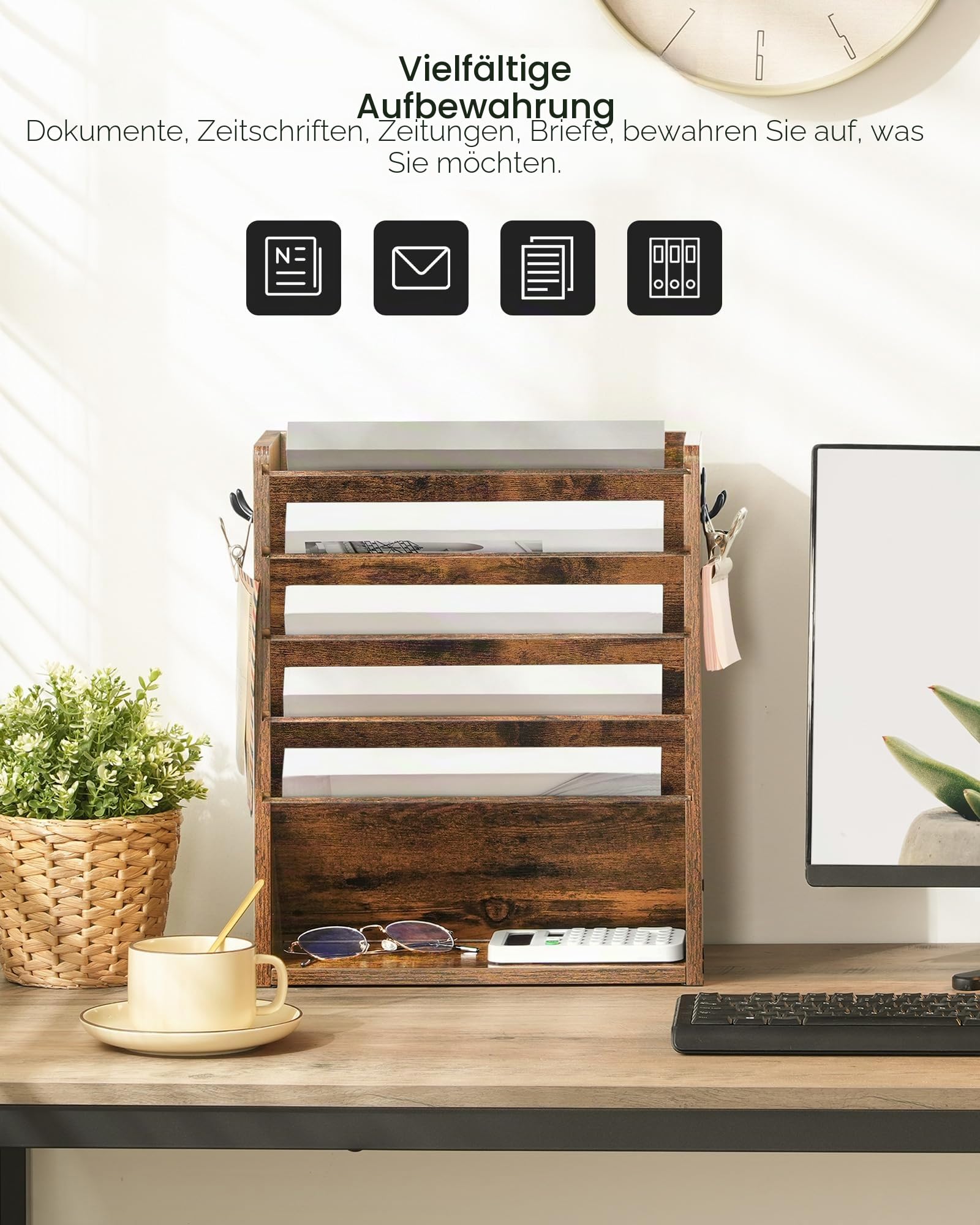 CHOEZON Zeitungshalter Wand, Wandorganizer aus Holzwerkstoff, Wandmontierter Ordner-Organisator, 6-stufiges Dokumentenregal, mit 2 Haken, für das Home Office, Rustikales Braun DMWJ01FG