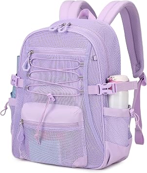 See-Through Mesh Backpack for School with 3d Foam Shoulder Straps, Lightweight, Ultra-Breathable Backpack for Beach, Swim, Gym, Work, Purple