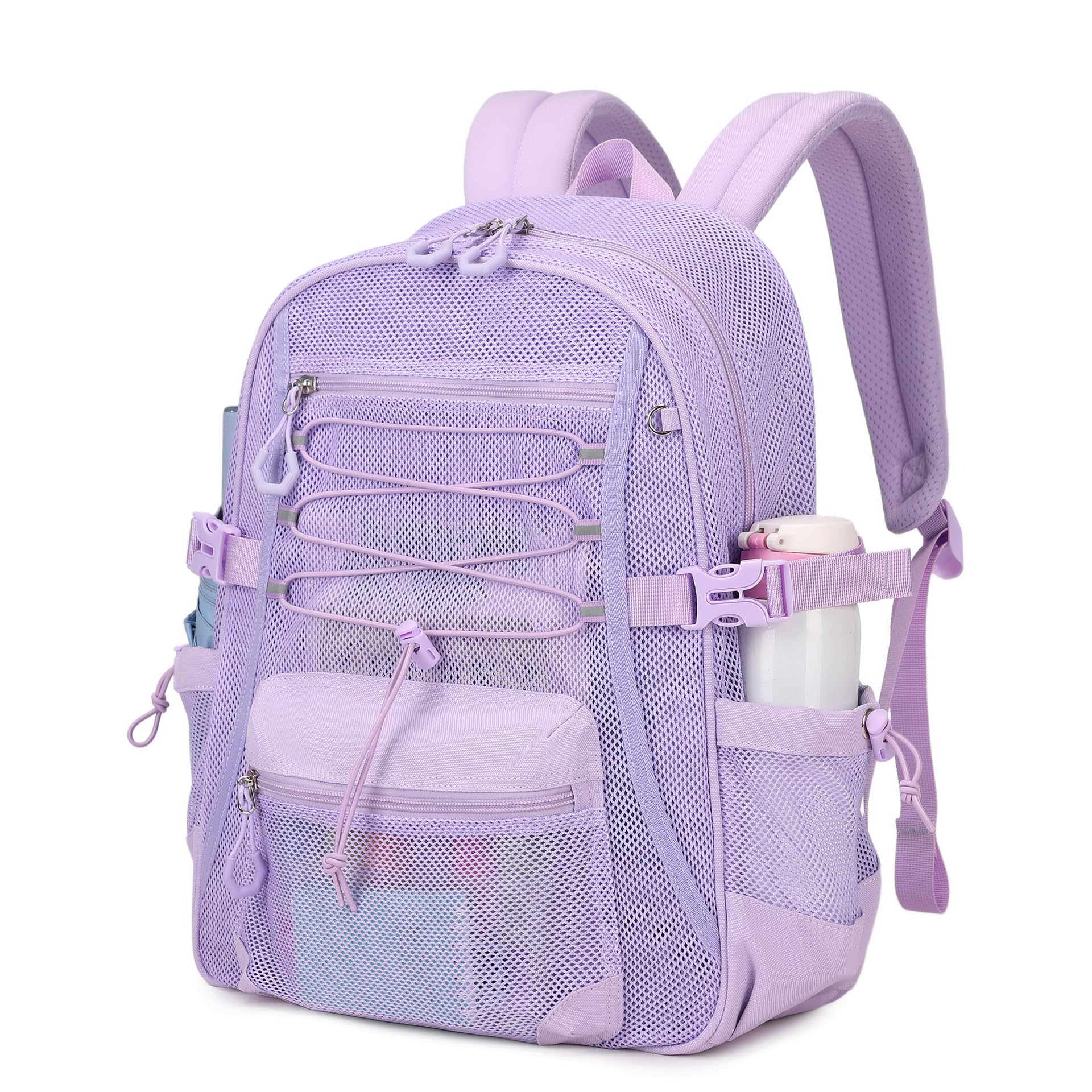 ASKSKY Mesh Backpack Ultra-Lightweight See-Through School Bag with Elastic Rope & Upgraded Shoulder Straps, Breathable Gym & Travel Backpack for Beach