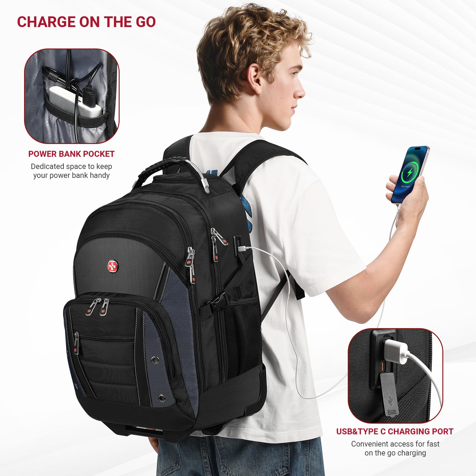 star cloud Rucksack mit Rollen 17,3 Zoll Laptop Rucksack, Business Rucksack Herren 45L, wasserabweisend mit USB und Typ-C Anschluss, Handgepäck geeignet für Reise und Arbeit