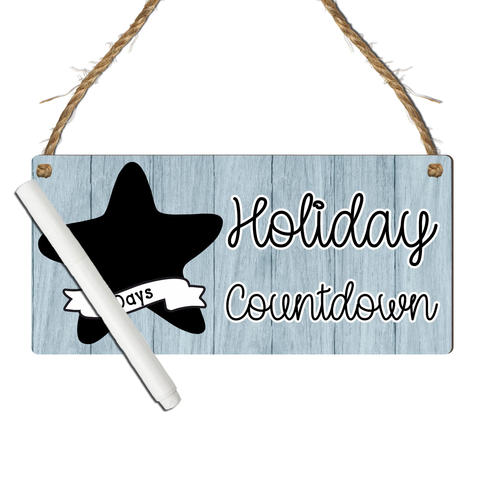 Holiday Countdown Chalkboard Sign – Personalised Days Countdown Plaque for Family Vacations – Fun Beach-Themed Design with Chalkboard Star (Blue, With Pen, Large: 29 cm (H) × 13.5 cm (W))