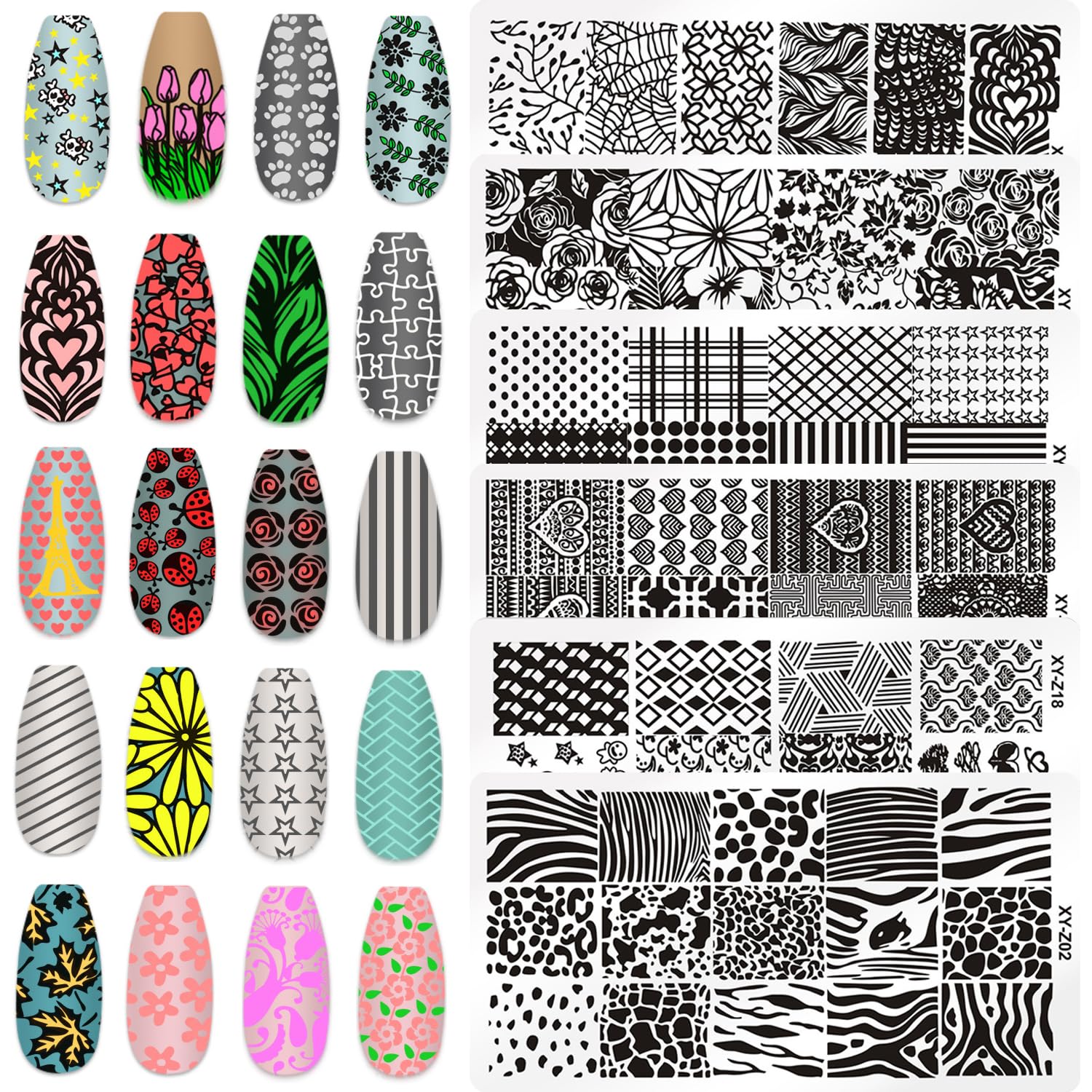 Nail Art Stamper Plates, 6Pcs Nail Stamping Plates French Line Nail Stamp Templates Plaid Wave Stripes Patterns Nail Stencils Nail Art Design DIY Print Manicure Salon Reusable Tools