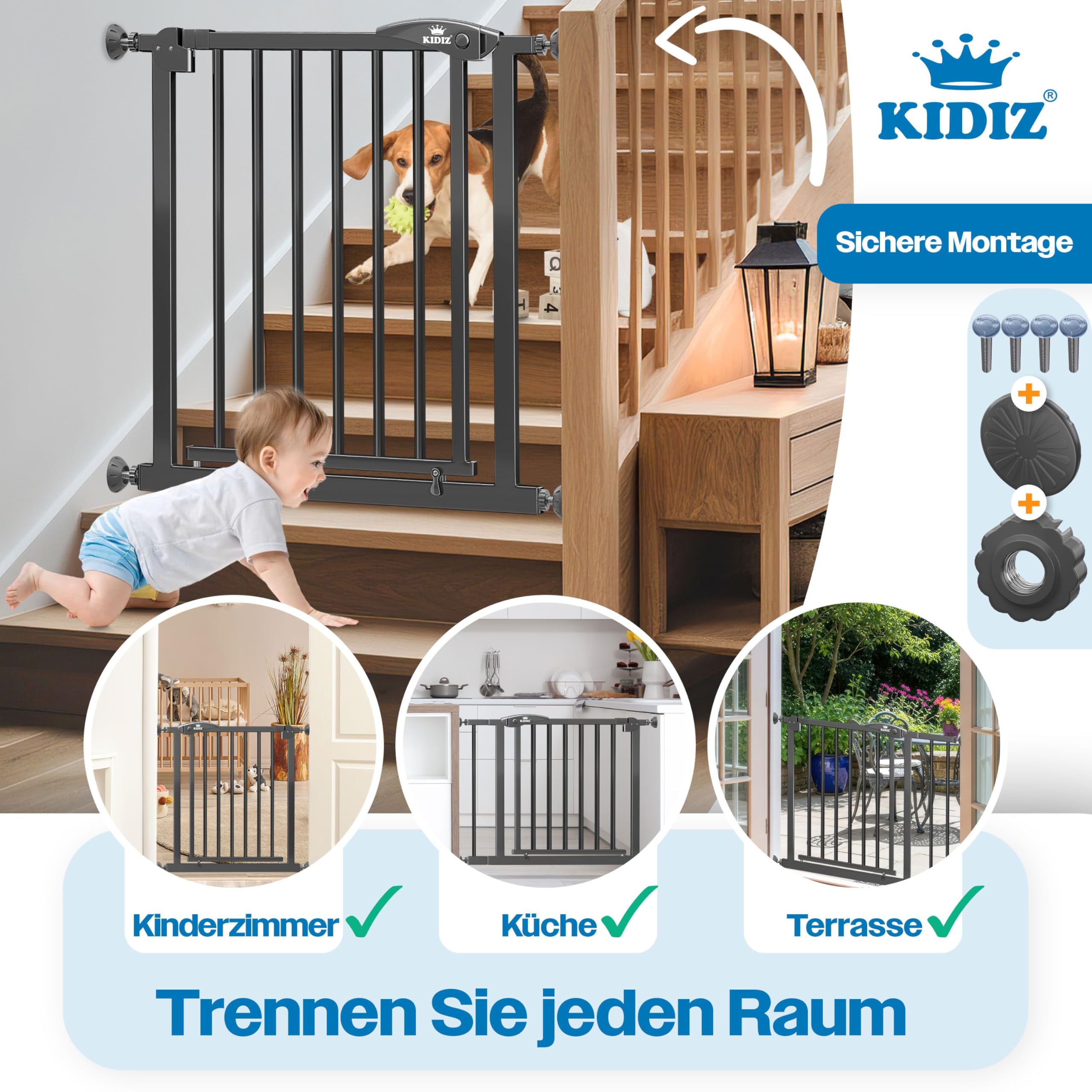 KIDIZ Treppenschutzgitter ohne Bohren 88-94 cm 75 cm hoch Anthrazit