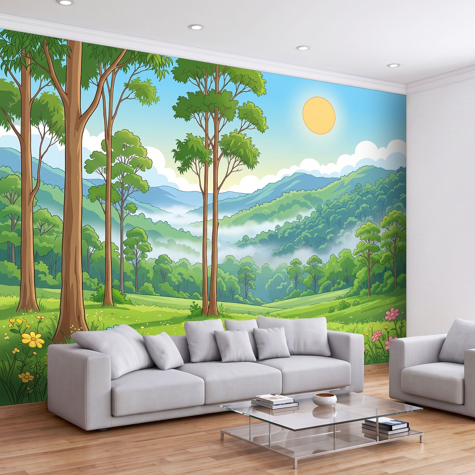 Panoramiczna tapeta 500 x 280 cm (szer. x wys.) realistyczny krajobraz anime fototapeta z włókniny gobelin plakat ścienny do salonu dekoracja ścienna sypialni, pokoju dziecięcego trawa góry las