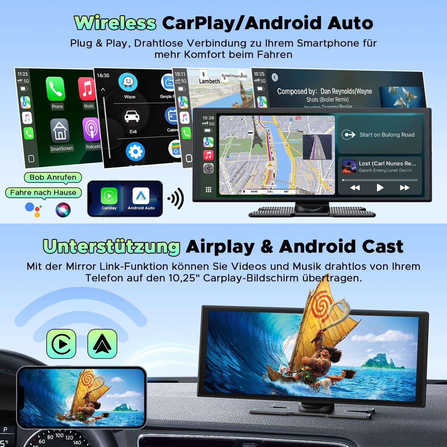 LAMTTO Wireless CarPlay Android Auto Display 10,25 Pollici Schermo per Auto Car Play con Dashcam Anteriore Posteriore 2,5K+1080P con Assistente Vocale Navigazione Bluetooth FM AUX Scheda TF 64GB